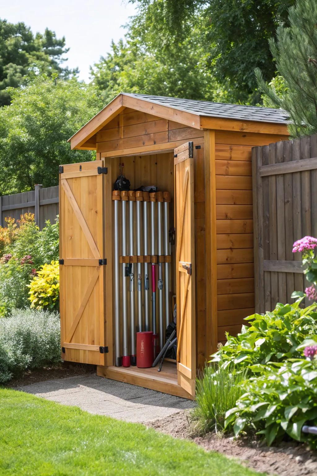 Maximize your space with a stylish outdoor pipe shed, merging practicality and craftsmanship in your garden.
