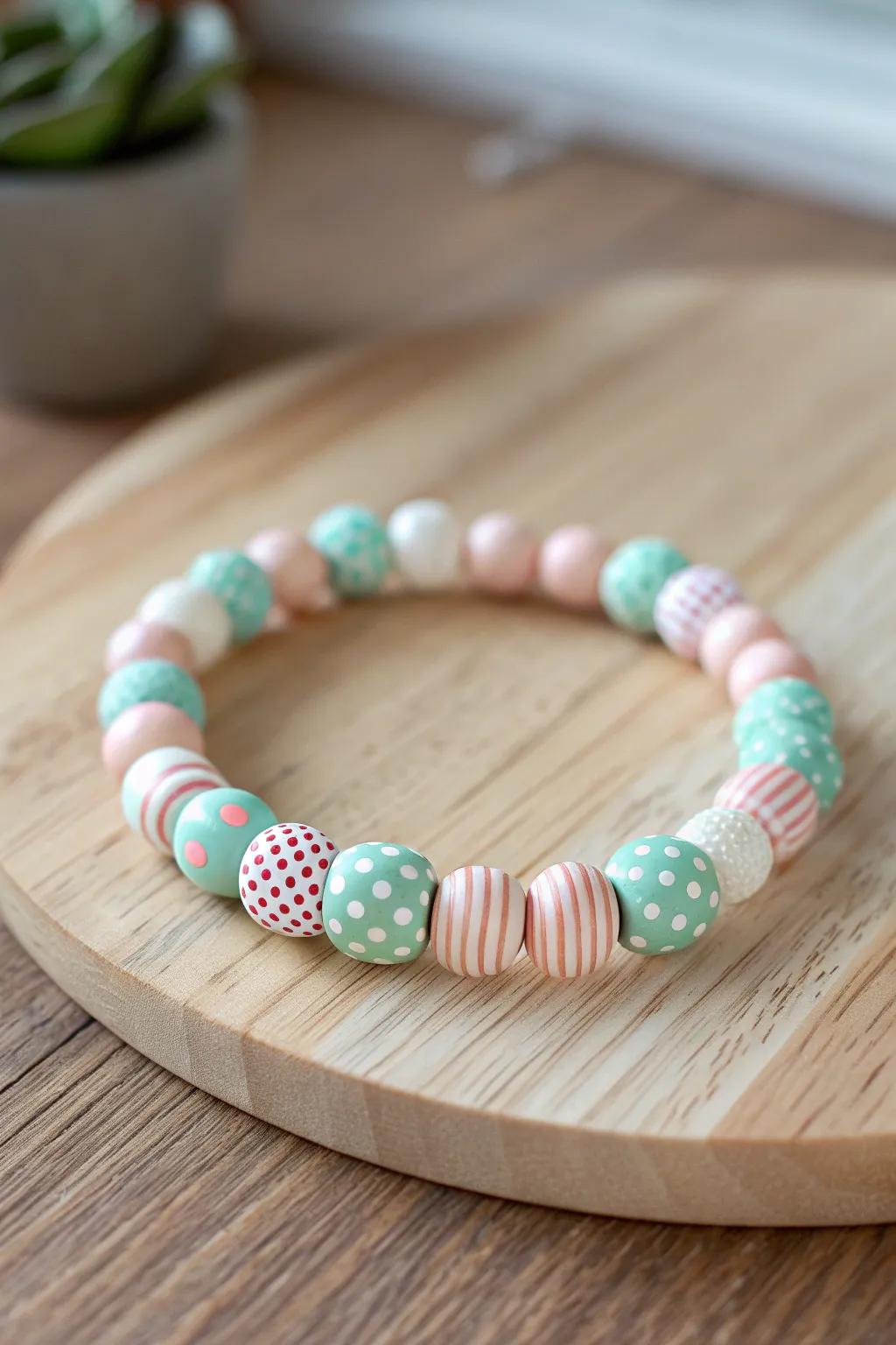 Add a touch of whimsy to your style with this beautifully crafted polymer clay bracelet featuring playful patterns.
