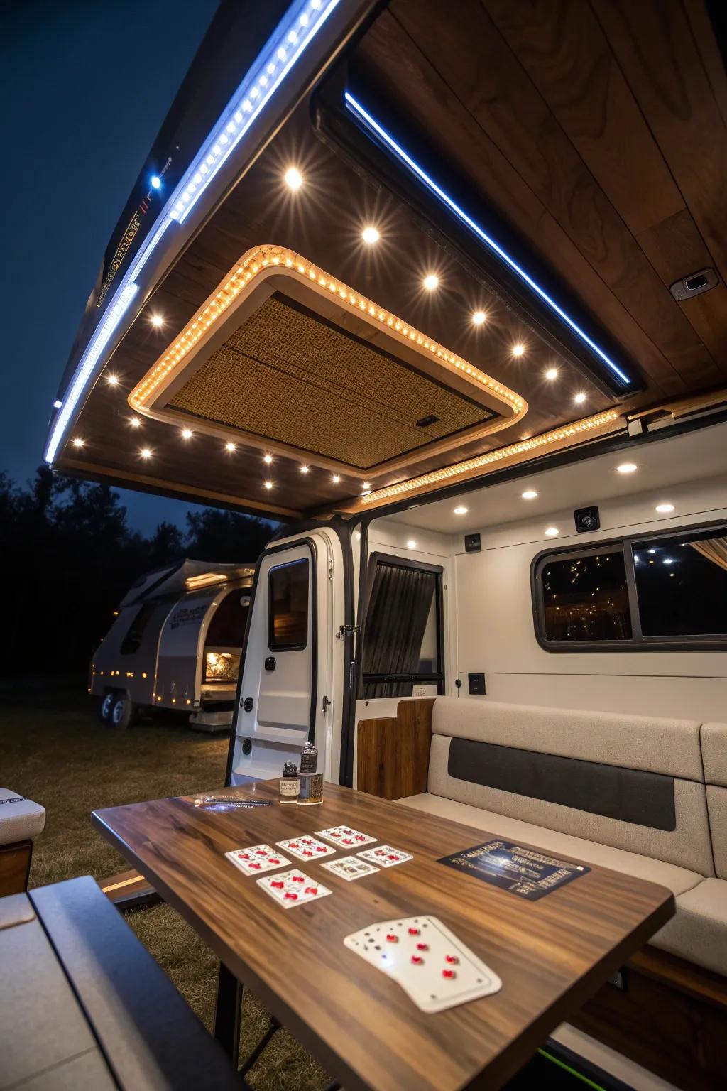 Transform your camper into a cozy retreat with stunning LED lighting. Let the warm glow enhance your late-night adventures.