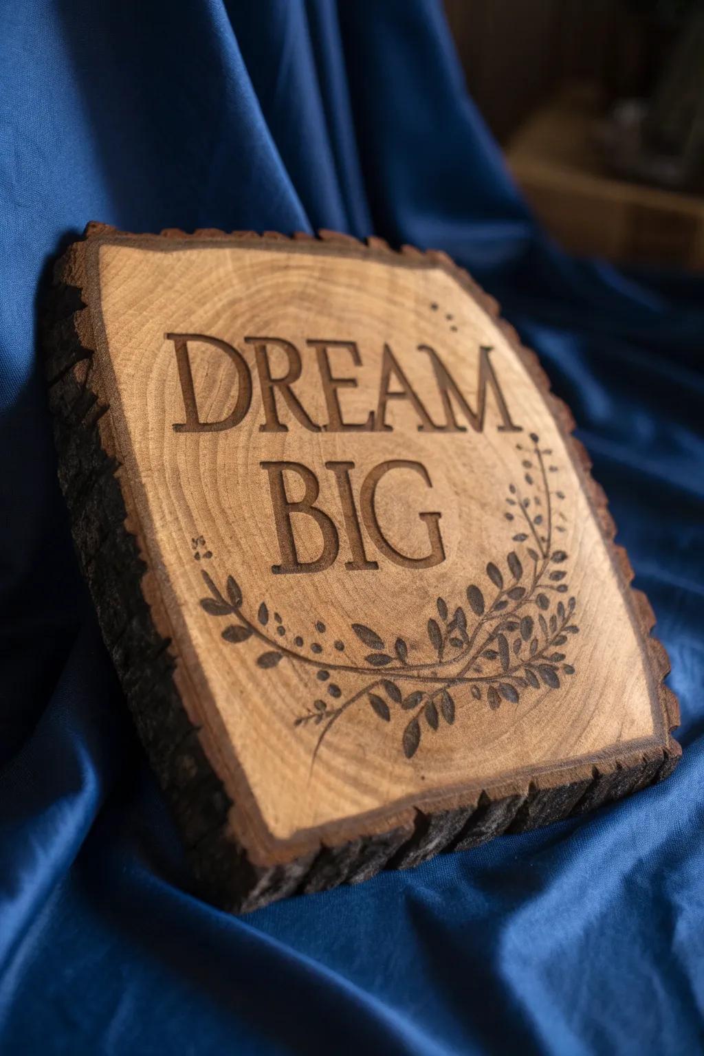 Ignite your aspirations with a handcrafted 'Dream Big' pyrography plaque - a daily dose of motivation.