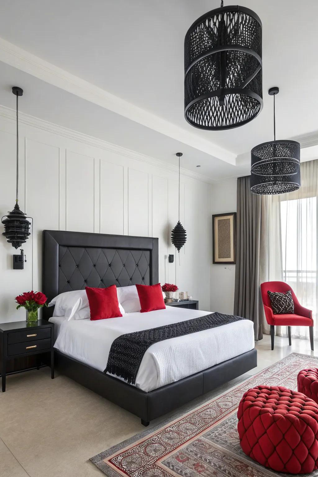 Strategic lighting highlights the room's bold color scheme.