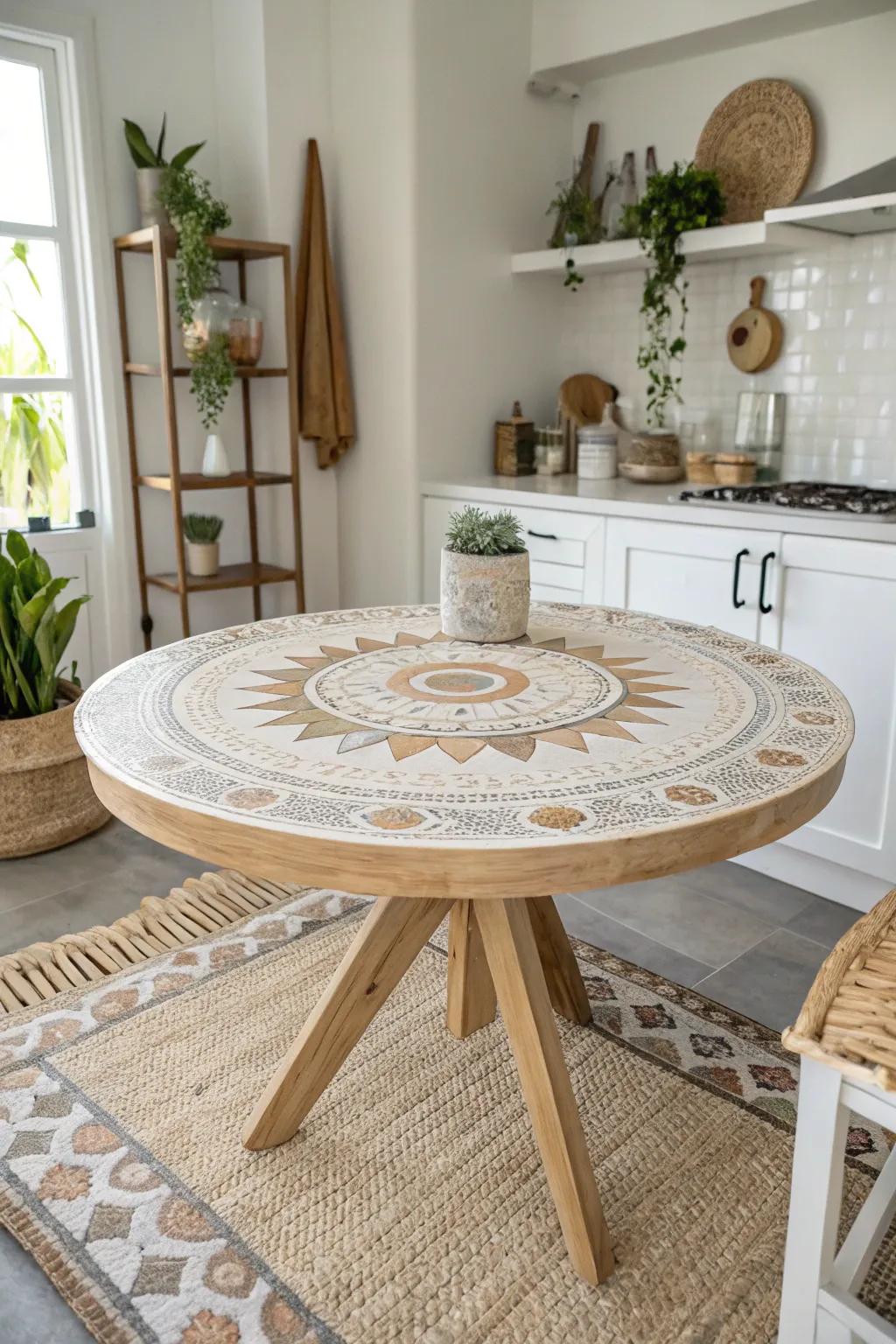 Transform your kitchen with the artful elegance of a mosaic table top, where simplicity meets bohemian charm.