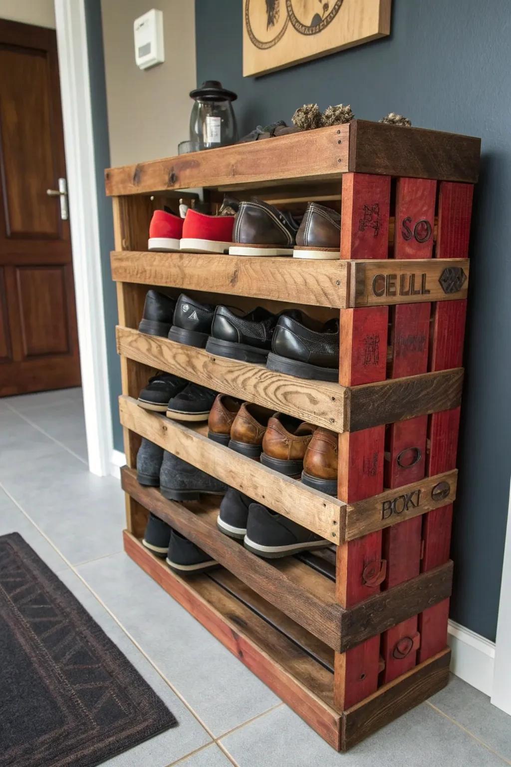 Elevate your entryway with a handcrafted pallet shoe rack - where style meets organization.