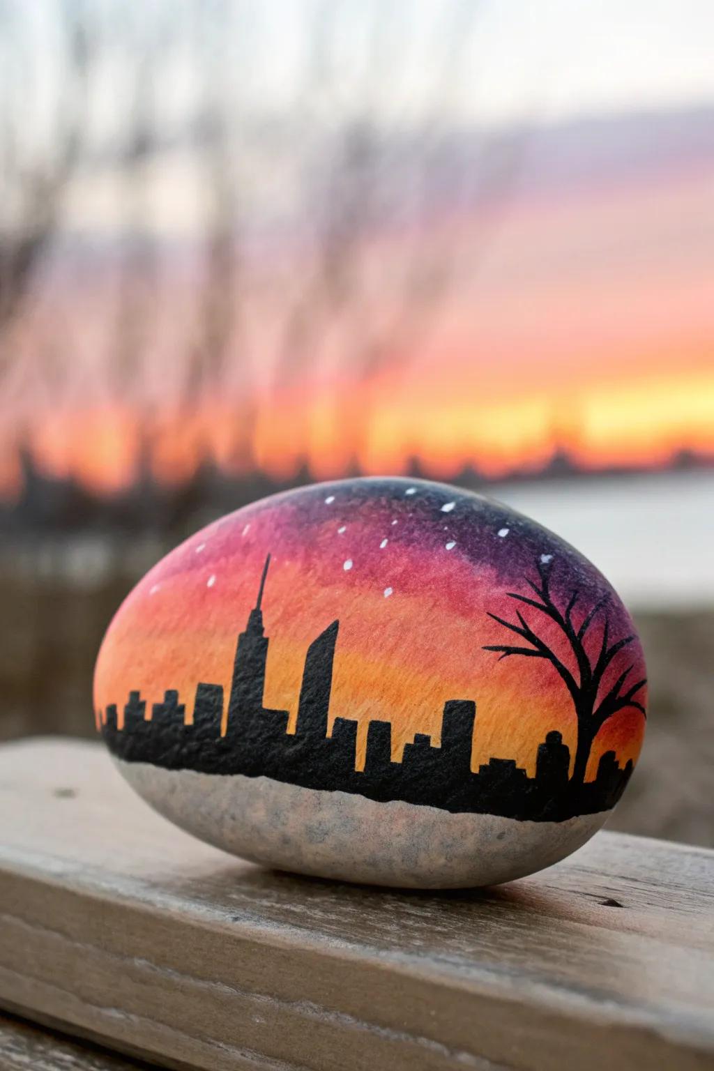 Bring urban elegance to your decor with this stunning cityscape sunset rock painting.