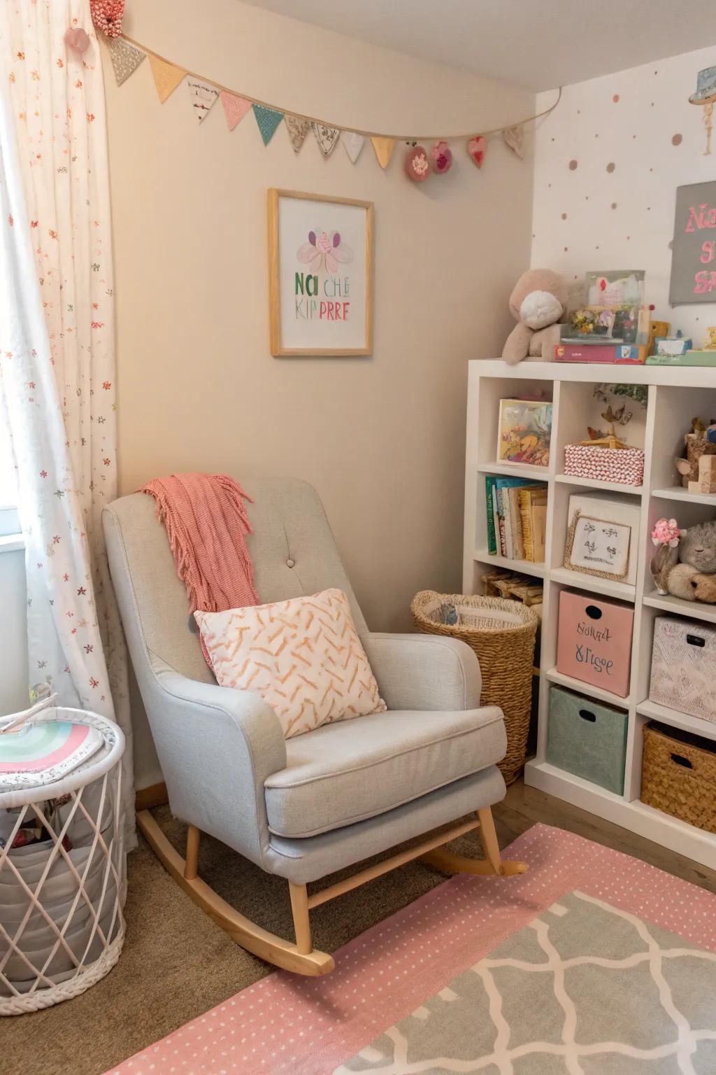A rocking chair effortlessly integrated into a multi-functional space.