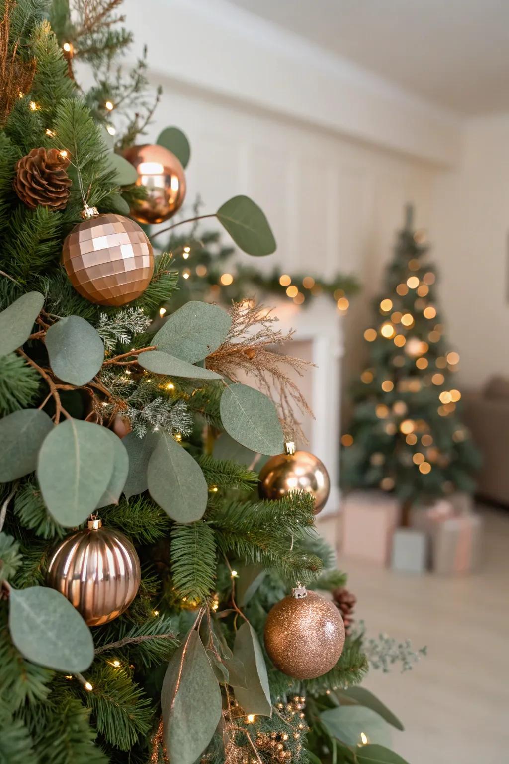 Eucalyptus sprigs add a natural touch to the rose gold-decorated tree.