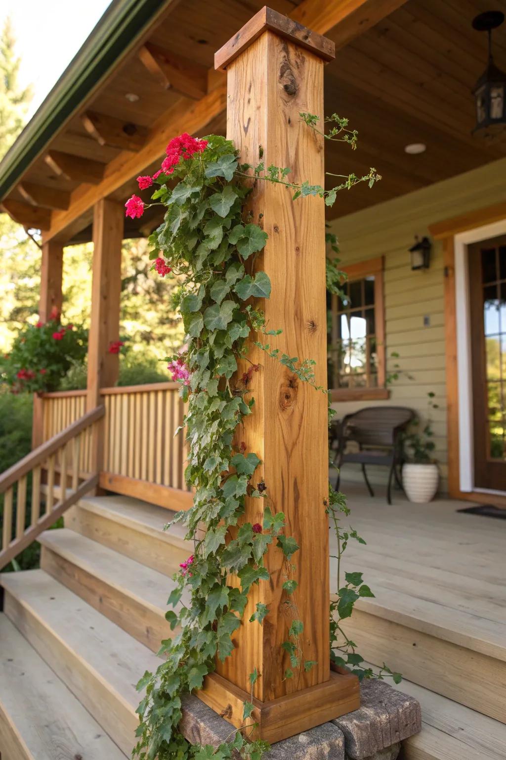 Elevate your porch with a touch of nature: a vibrant vertical garden climbing a rough cedar post.