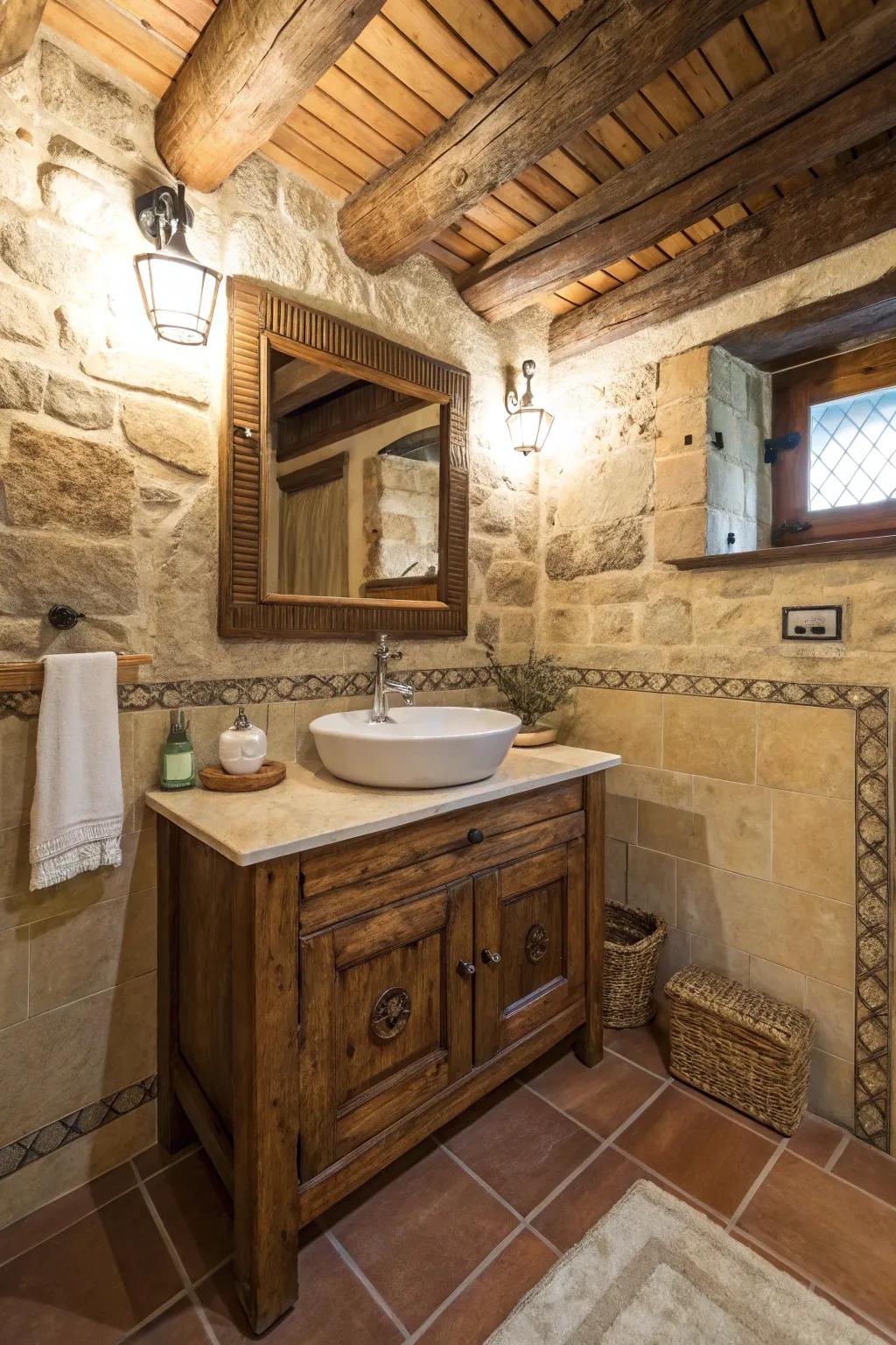 A rustic bathroom with a vanity in warm earthy tones.