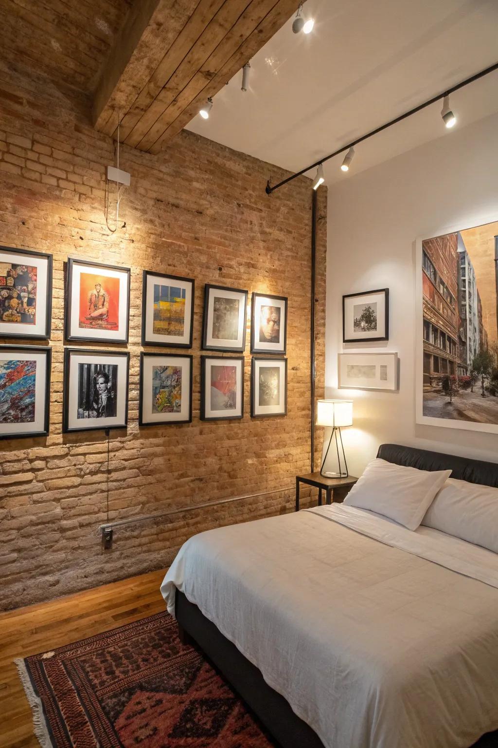 Art pieces adding a touch of sophistication to the rustic brick wall.