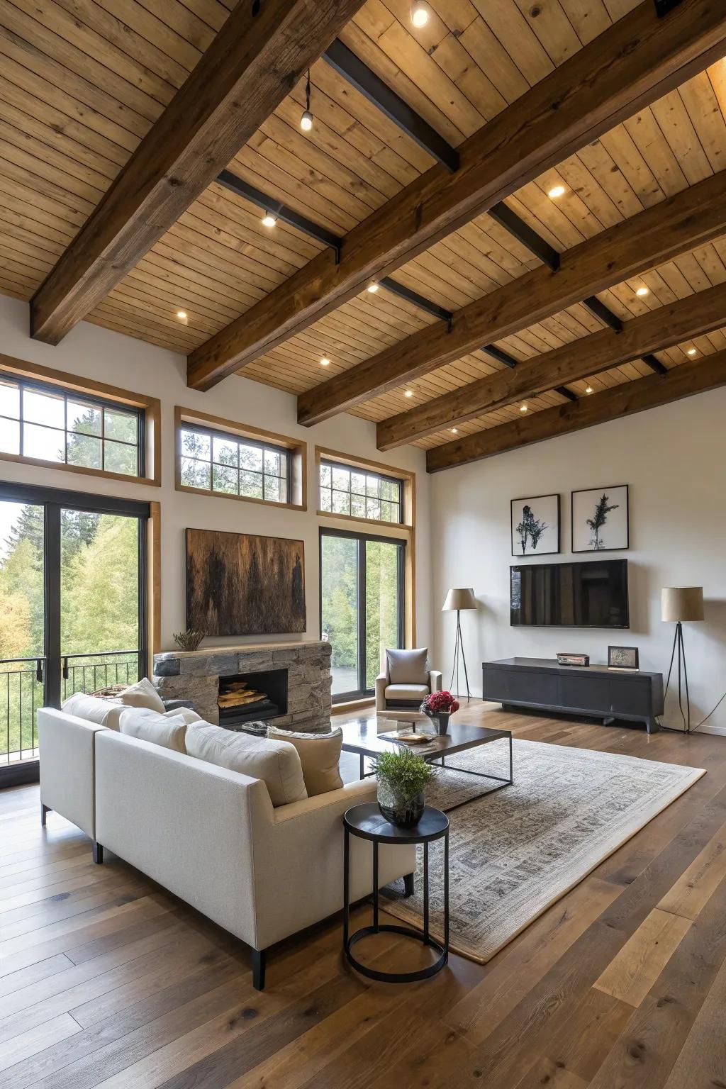 Exposed wooden beams add character and rustic charm to this modern space.