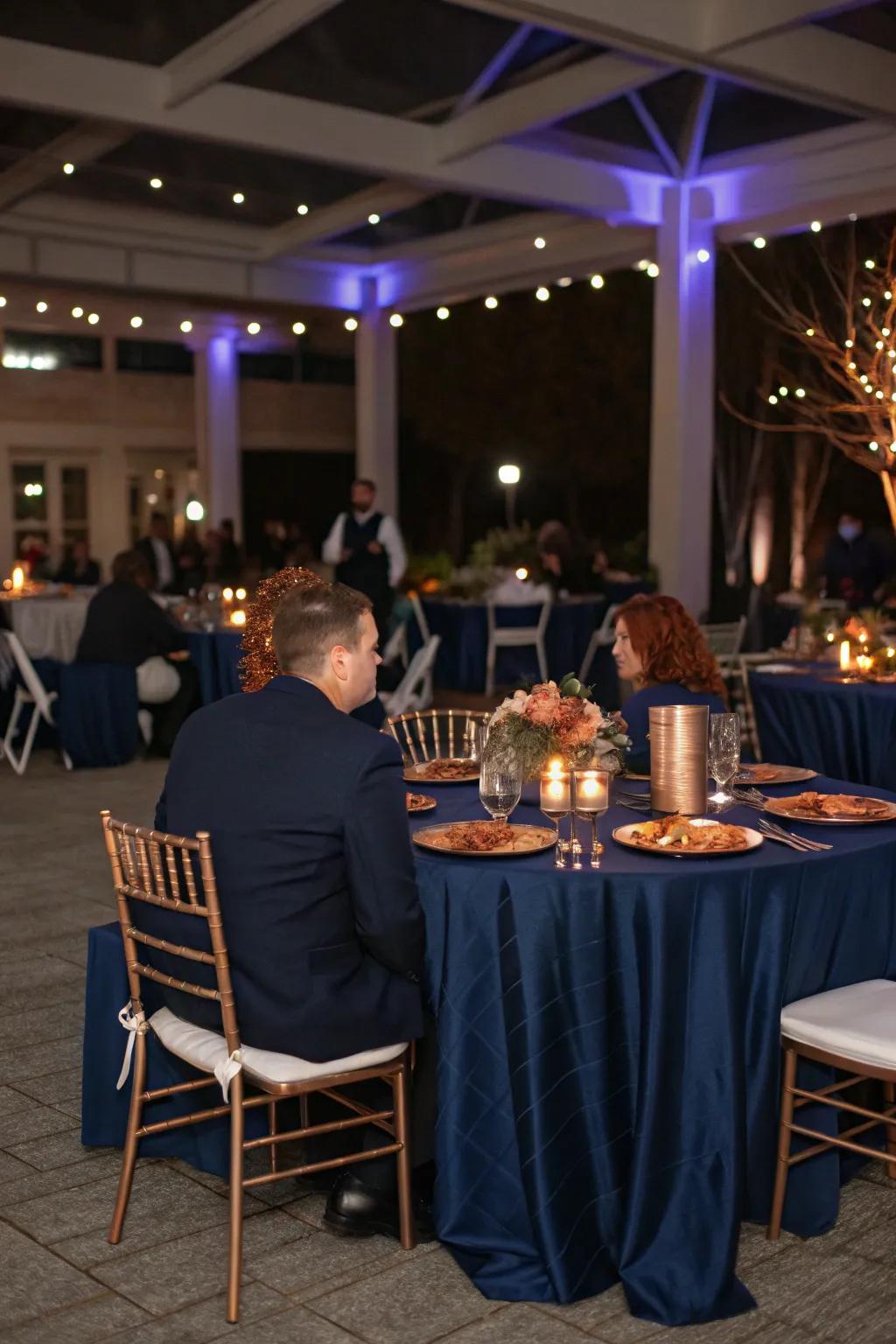 Navy blue and copper bring a modern elegance to a rustic wedding.