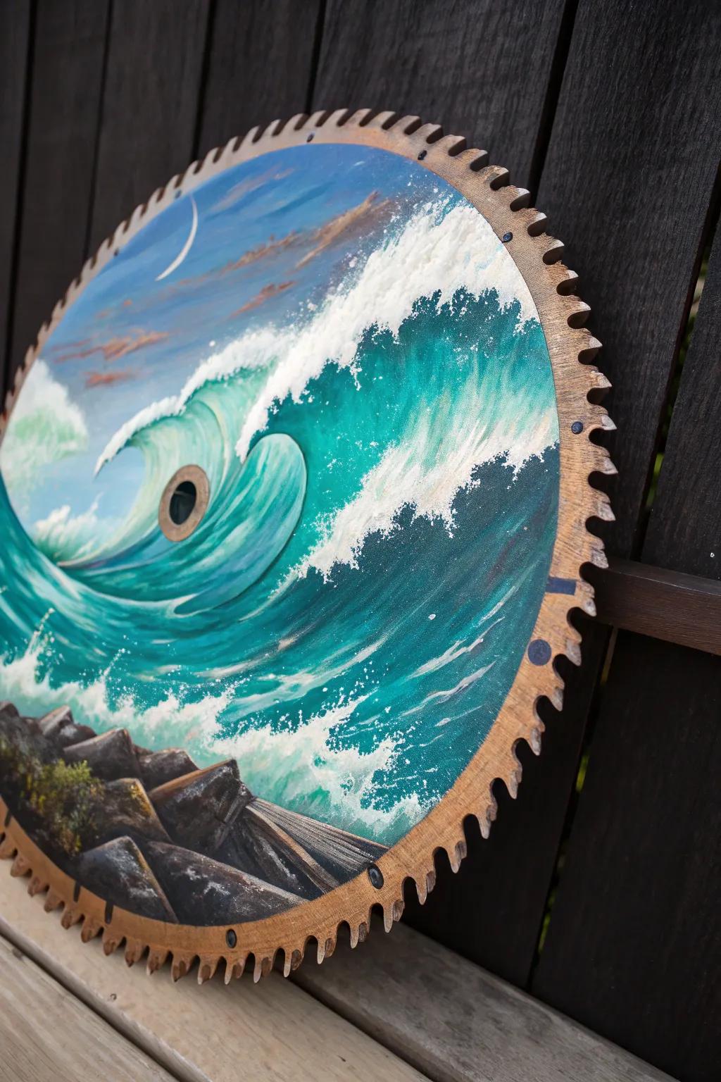 Ride the waves of creativity with this striking ocean-inspired saw blade art.