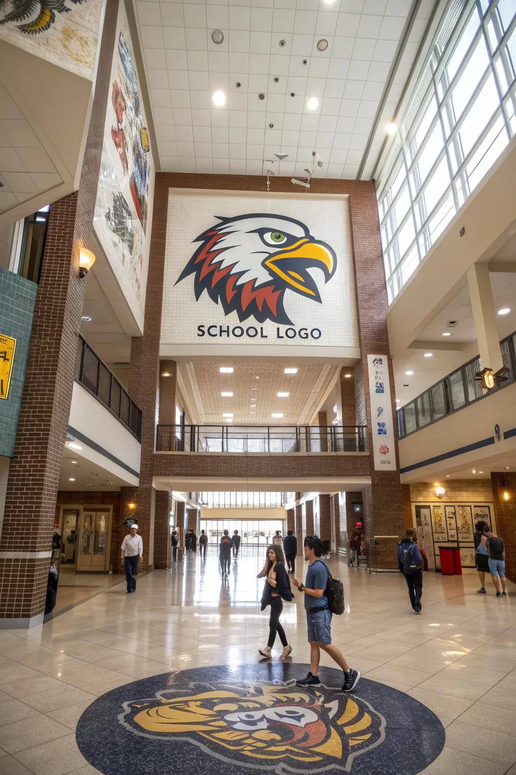A prominent display of the school mascot in the lobby, building school identity.