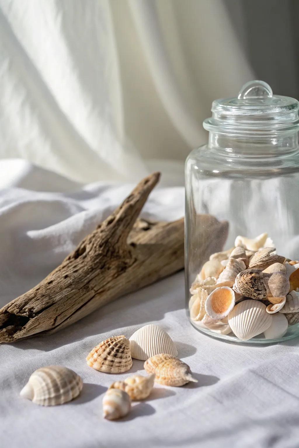 Bring the serene beauty of the shore into your home with this elegant driftwood and seashell display.