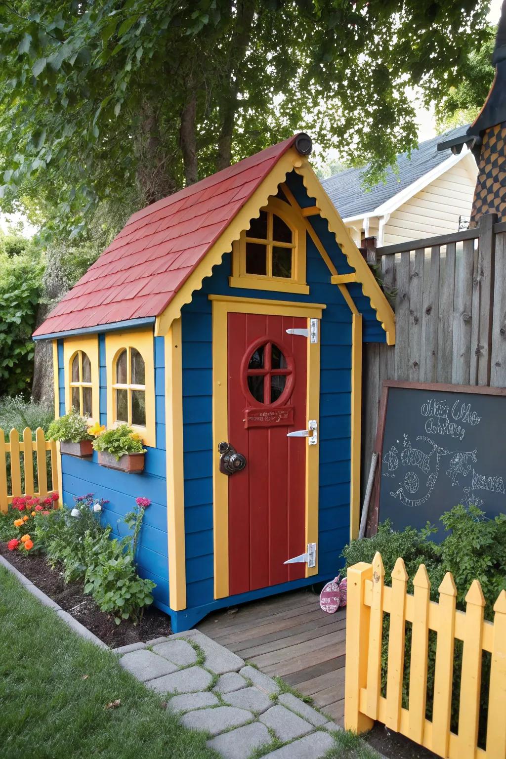 Transform your shed into a vibrant playhouse paradise for endless childhood adventures!