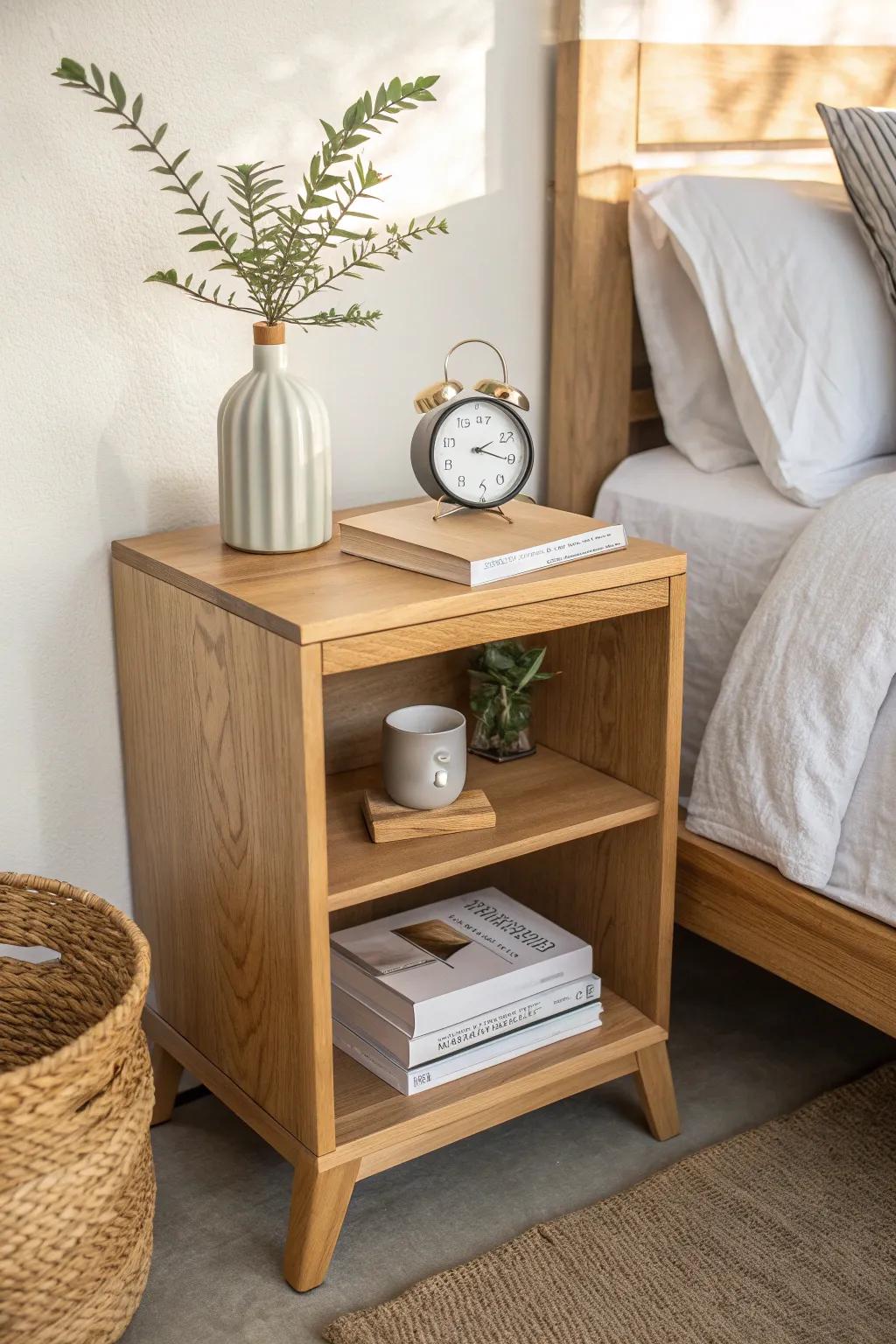 Transform your small space with a stylish and compact shelf nightstand that embodies minimalist elegance.