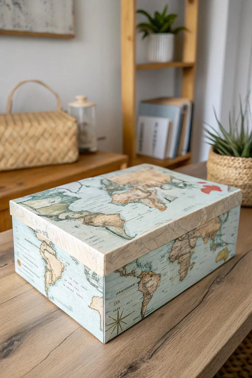 Transform your space with a touch of history and elegance. This vintage map shoe box is perfect for the travel enthusiast!