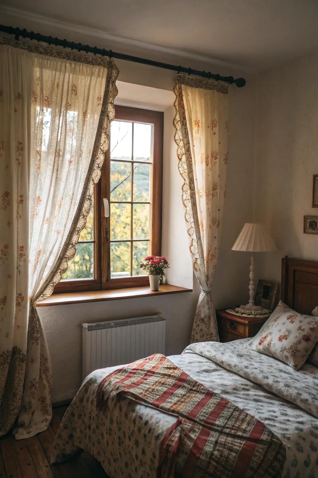 Cafe-style curtains add a rustic charm perfect for cozy bedrooms.