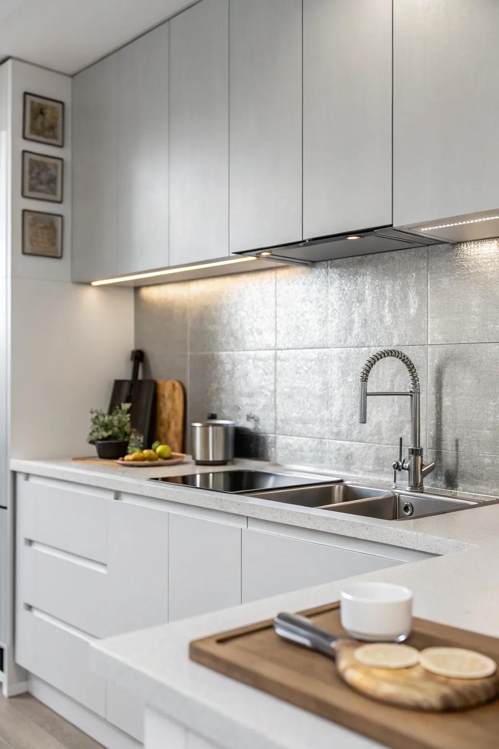 A kitchen that exemplifies elegant simplicity with a minimalist silver backsplash.