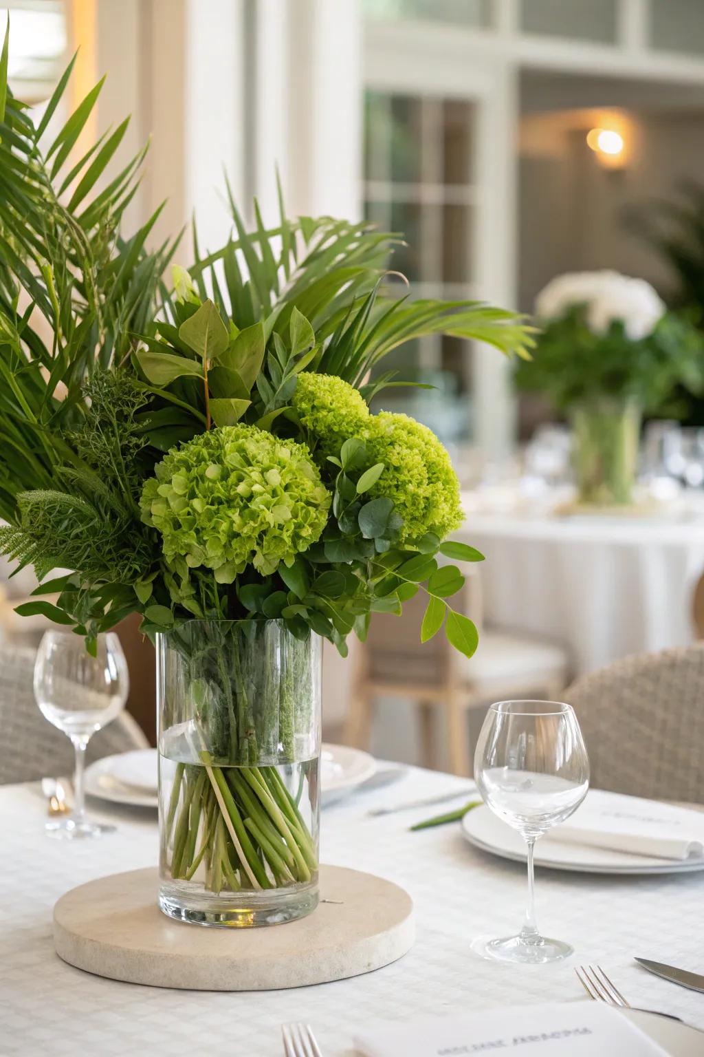 Layers of greenery in glass vases bring freshness indoors.