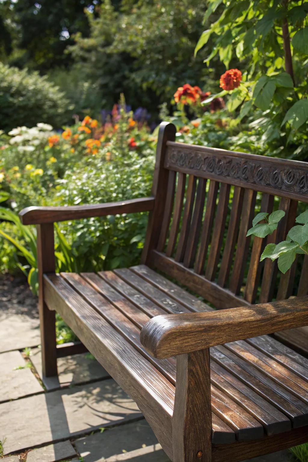 Crafted with care, this garden bench invites you to sit and savor the view.