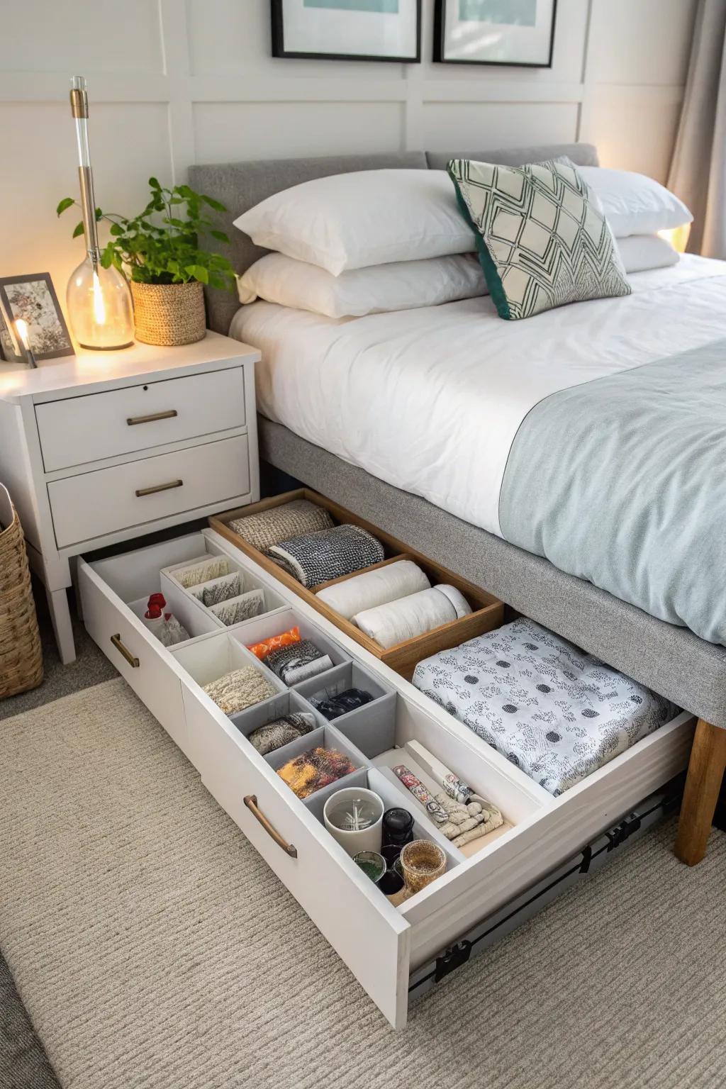 Under-bed storage helps maintain a clutter-free desk area.