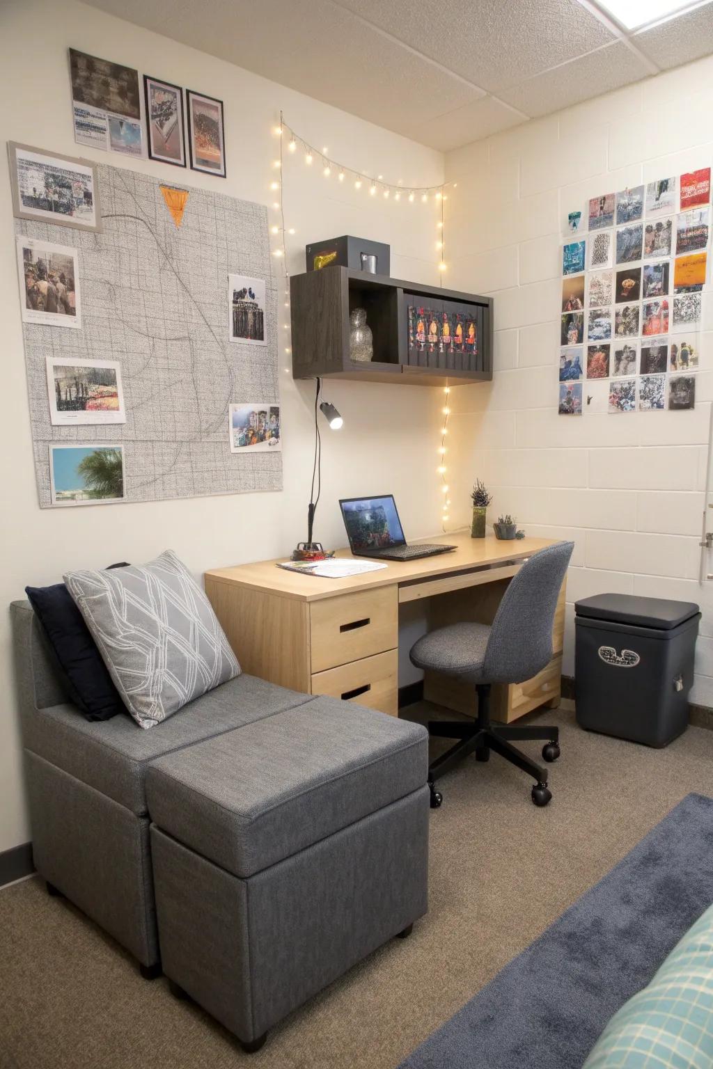 Multifunctional furniture maximizes space while providing extra storage.