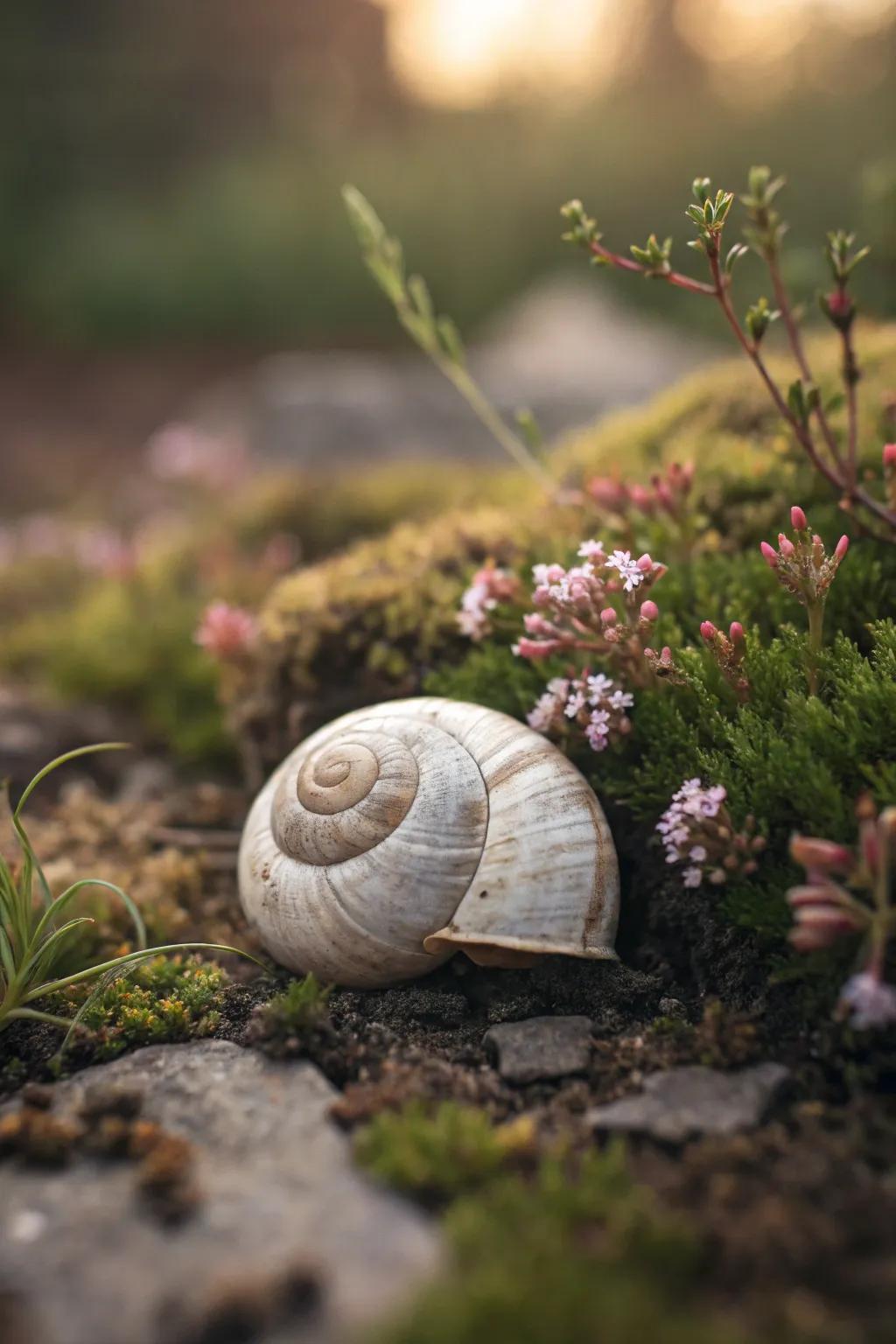 Discover the charm of miniature fairy gardens with this enchanting snail shell retreat.