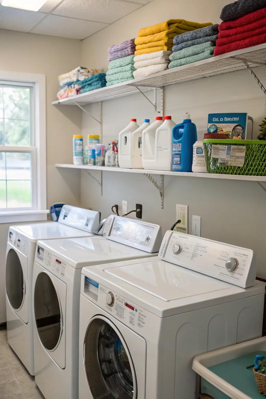 Wall-mounted shelves are a smart storage solution in tight spaces.