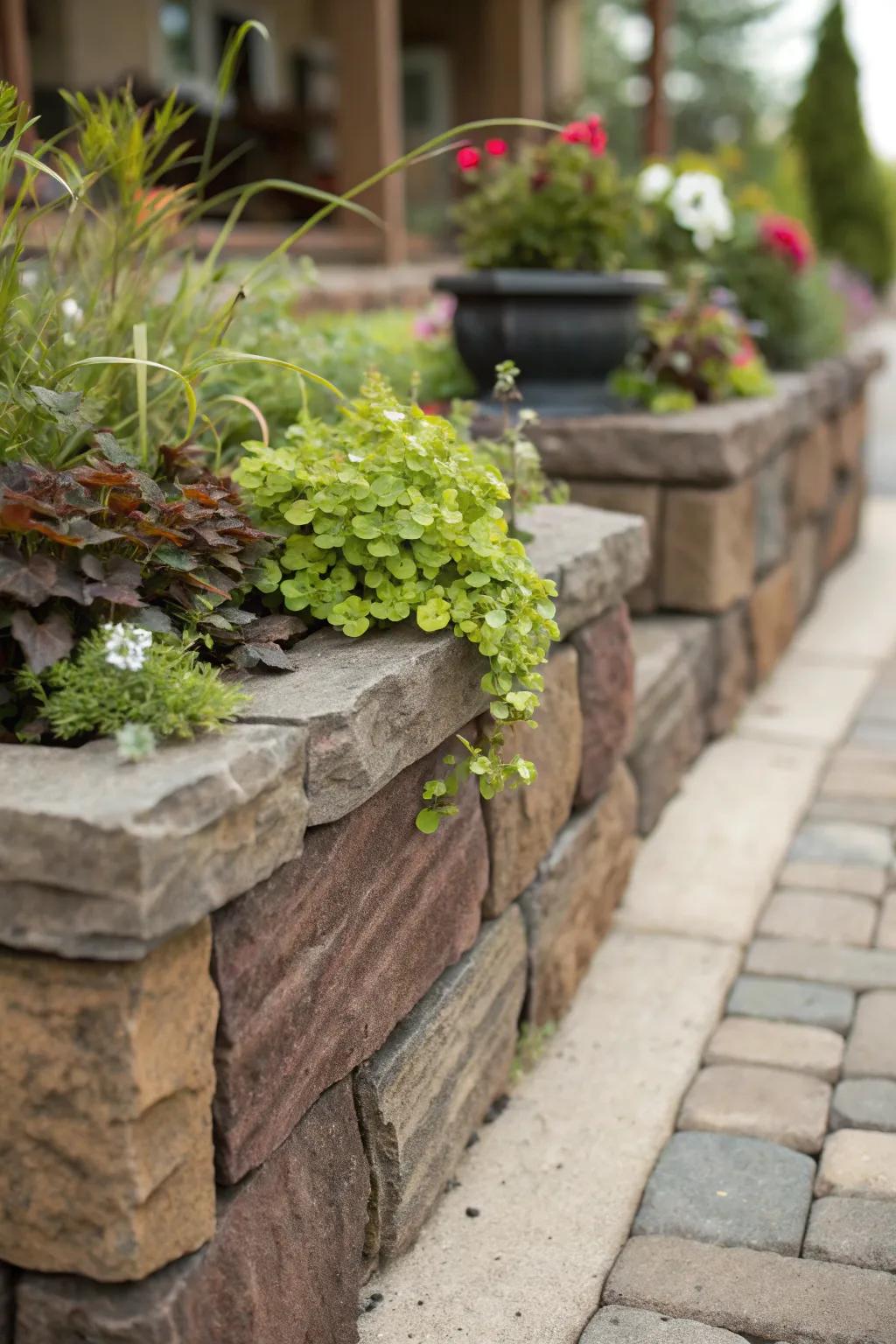 Elevate your garden design with expertly crafted stone edging and lush planters.