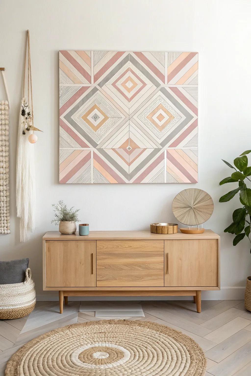 Transform your space with mesmerizing optical illusions and the art of tape painting. #ScandiBoho #MinimalistArt