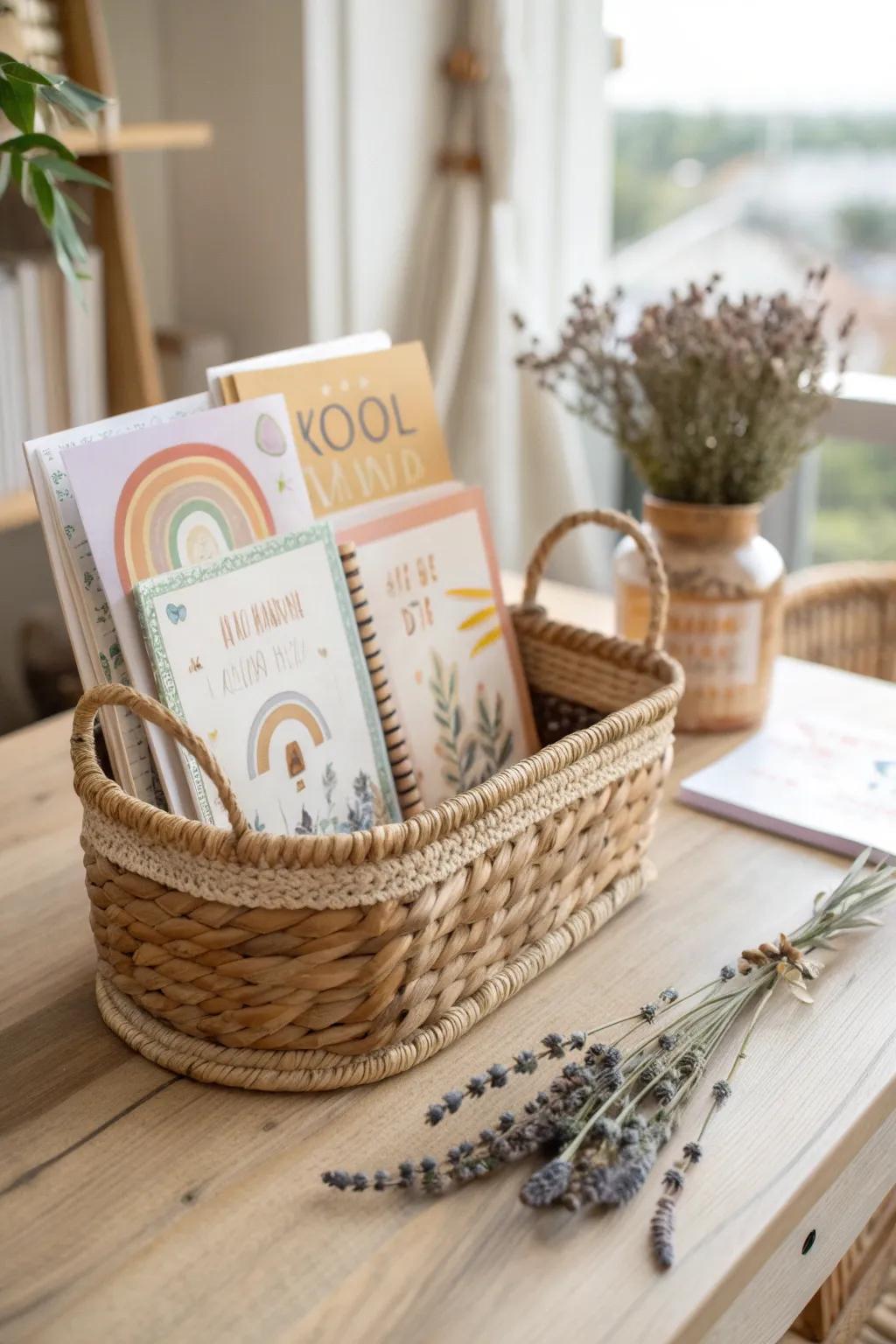 Brighten a teacher's day with a gift basket filled with motivational classroom decorations, blending minimalist style with boho charm.