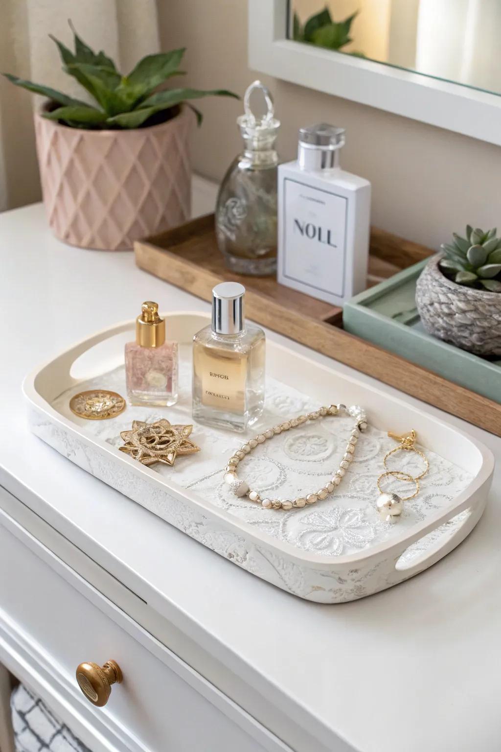 Transform elegance: A thrifted tray becomes a chic vanity centerpiece.