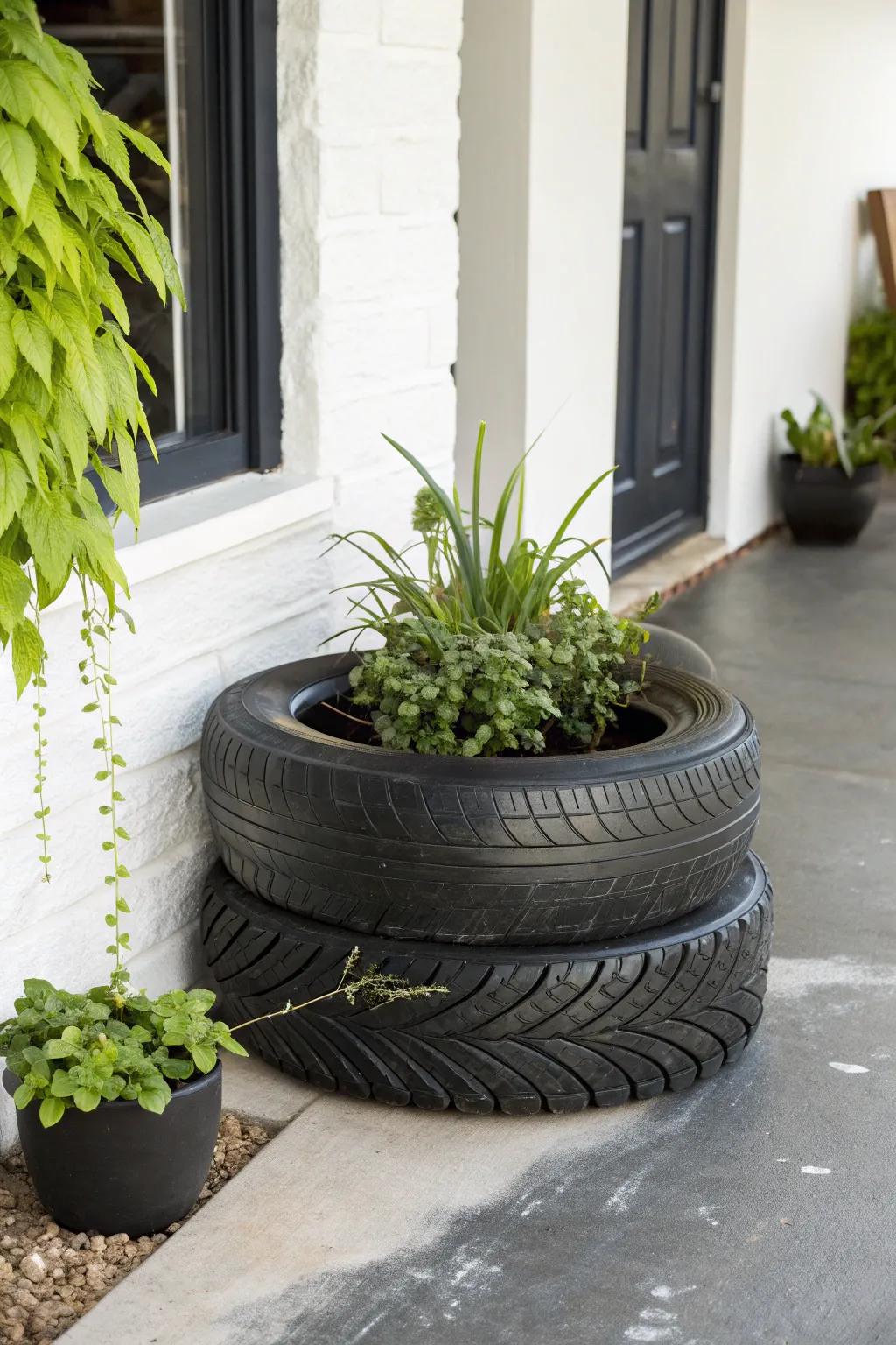 Elevate your garden with this chic monochrome tire planter—where modern meets minimalism.
