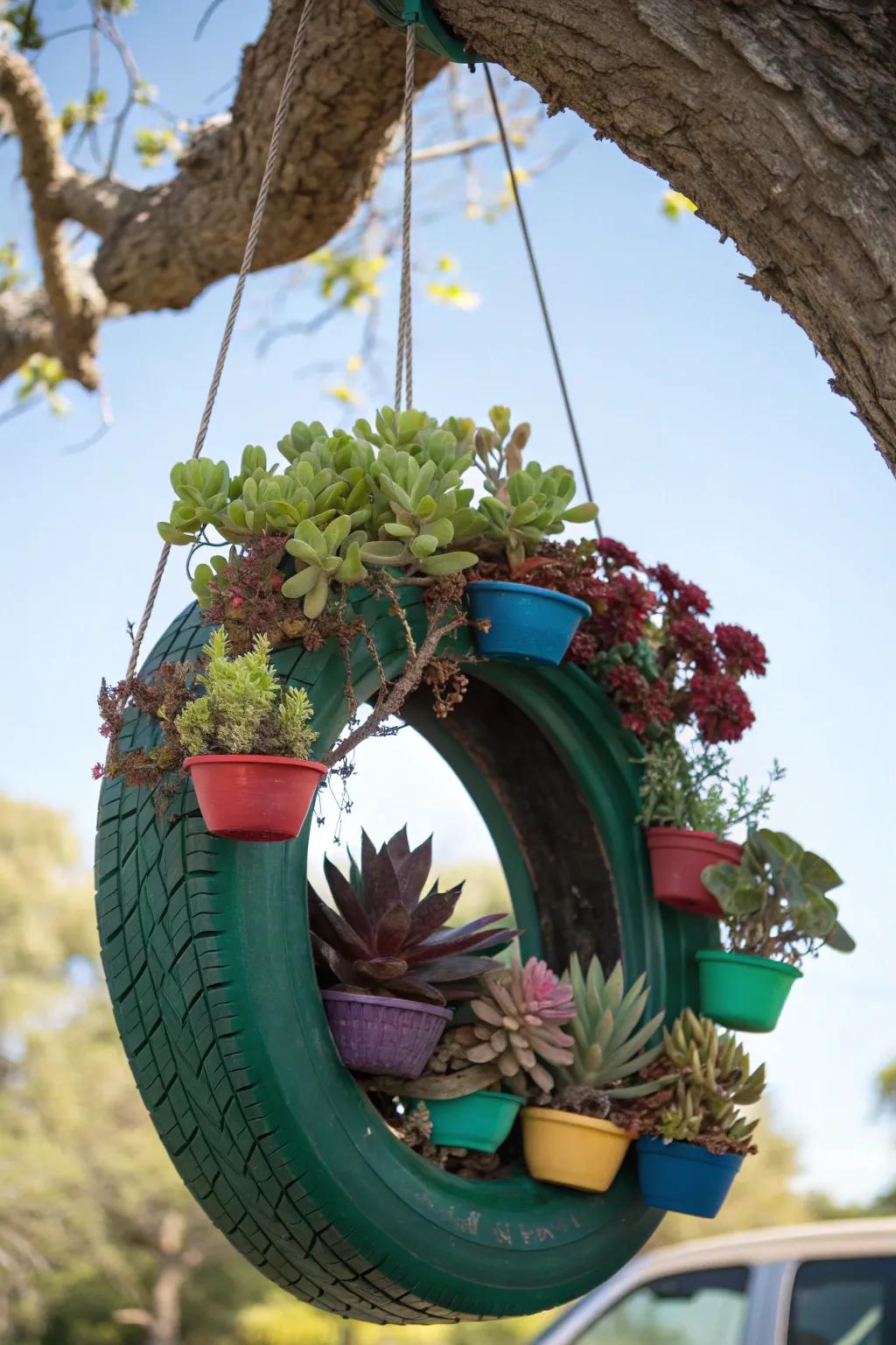 Swing into serenity with this unique vertical garden tire swing.