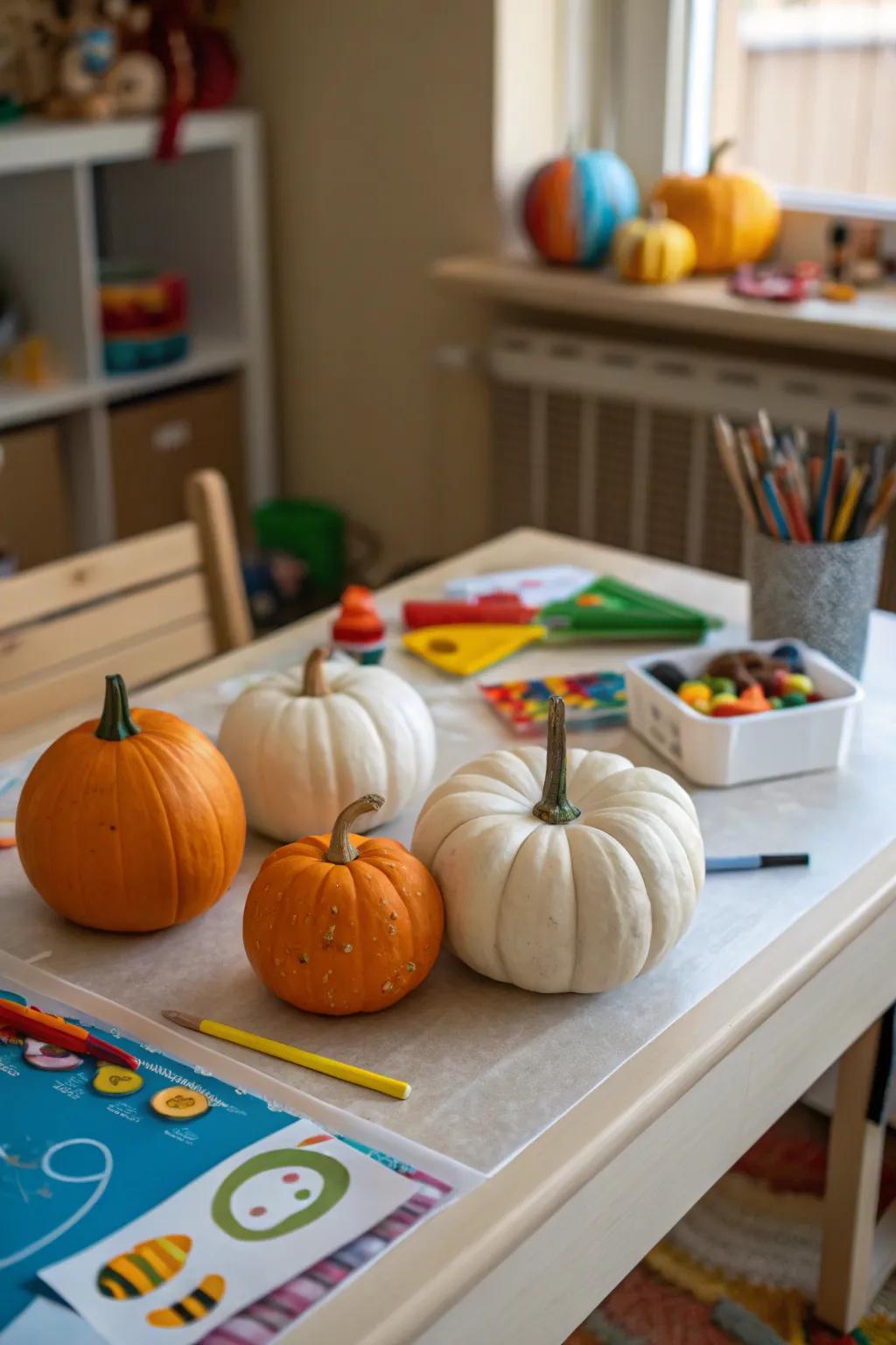 Tiny pumpkins perfectly sized for little decorators.