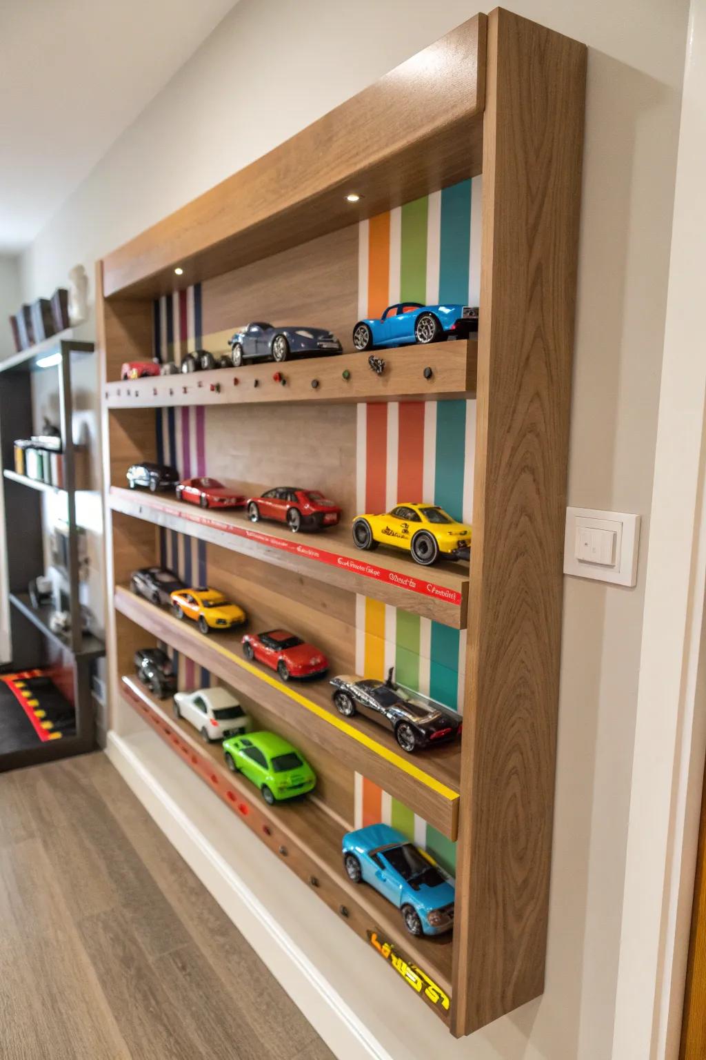 Transform your wall with this expertly crafted wooden shelf garage—where toy cars find their perfect spot with style!