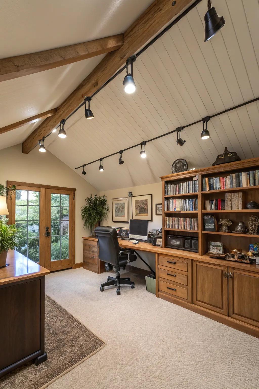 Track lighting provides both task and ambient lighting for versatile use.