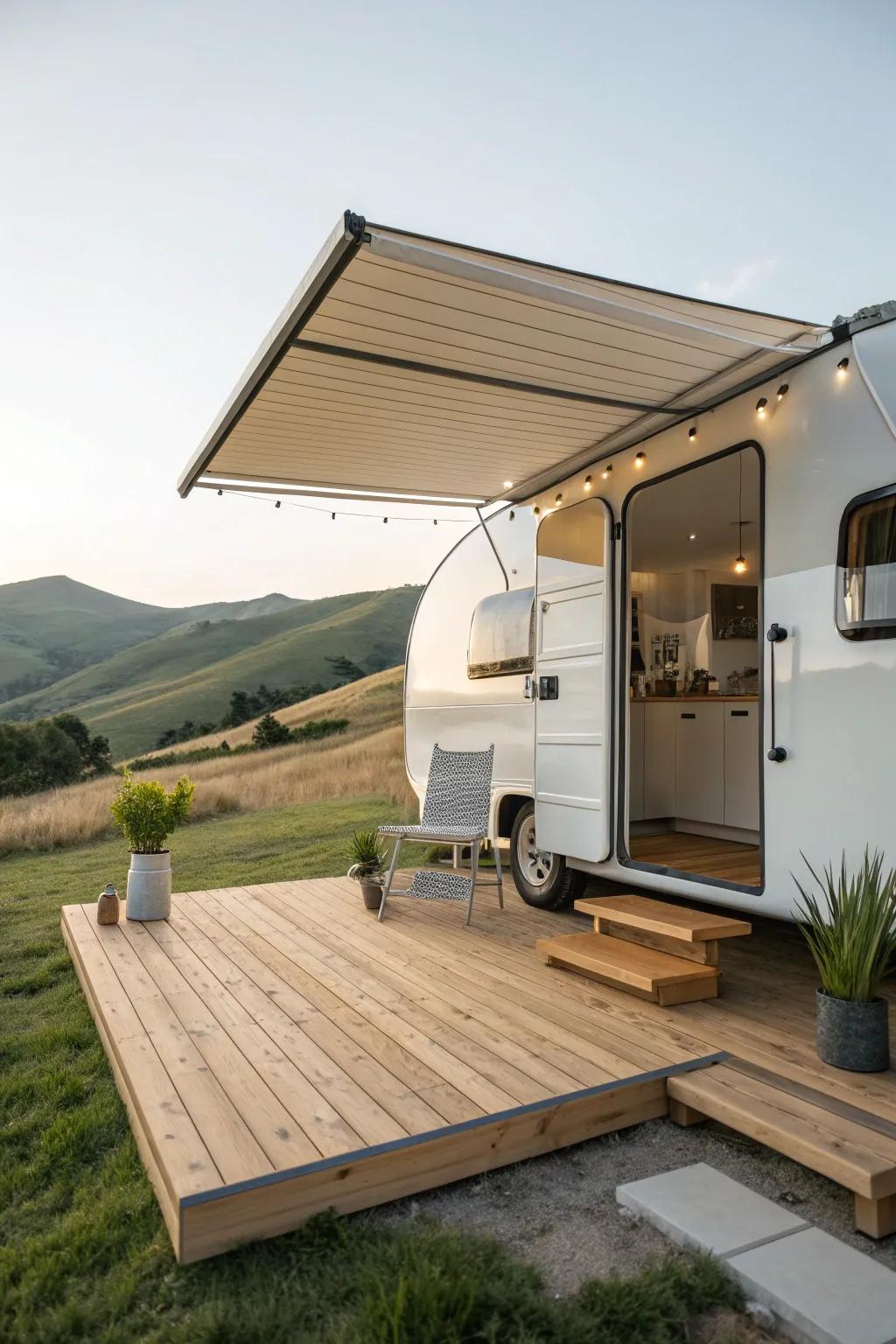 Elevate your RV experience with an expandable deck paired with a stylish awning—perfect for soaking up sunny afternoons in style and comfort.