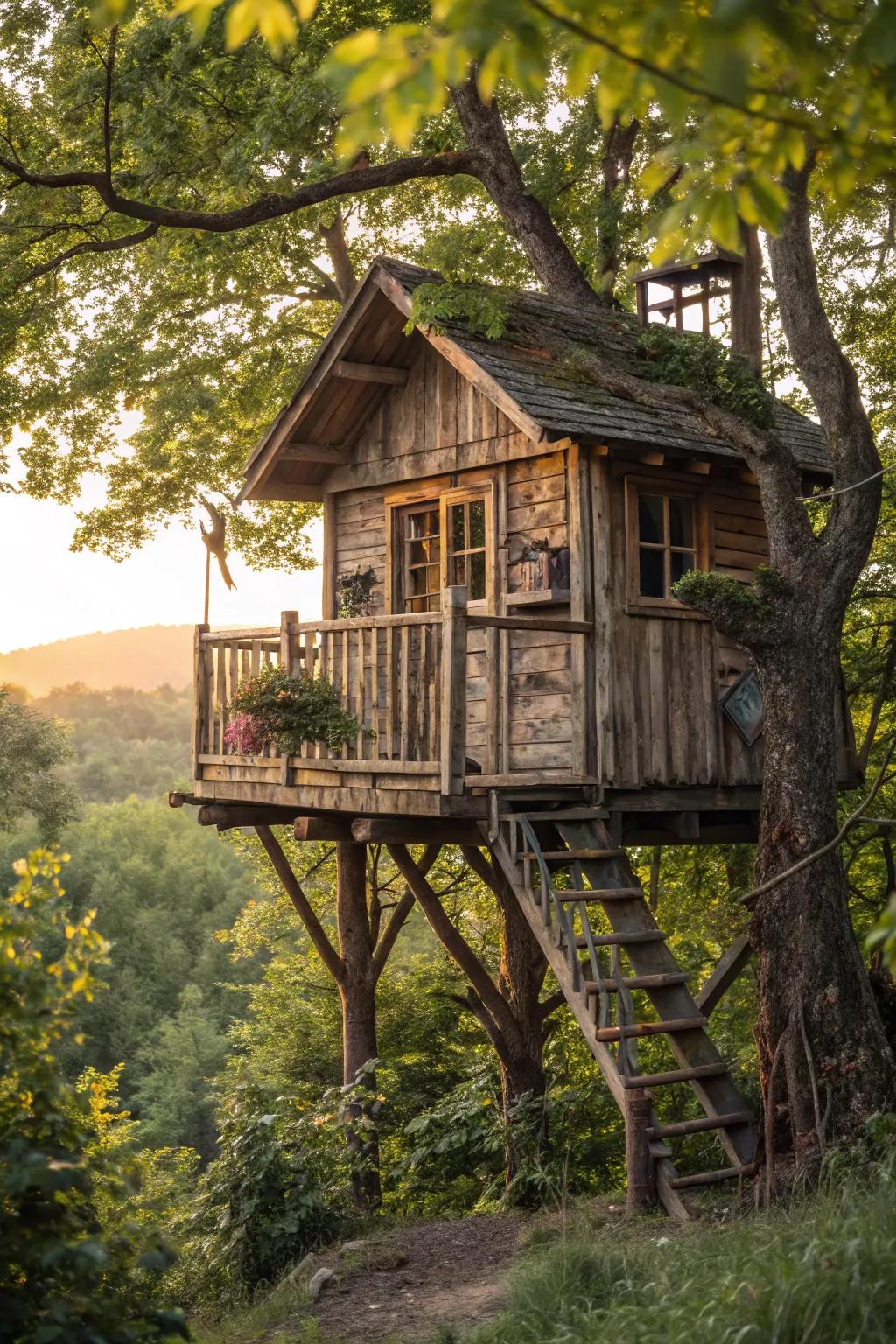 Embrace the charm of a rustic cabin tree house, a cozy escape for endless childhood adventures.
