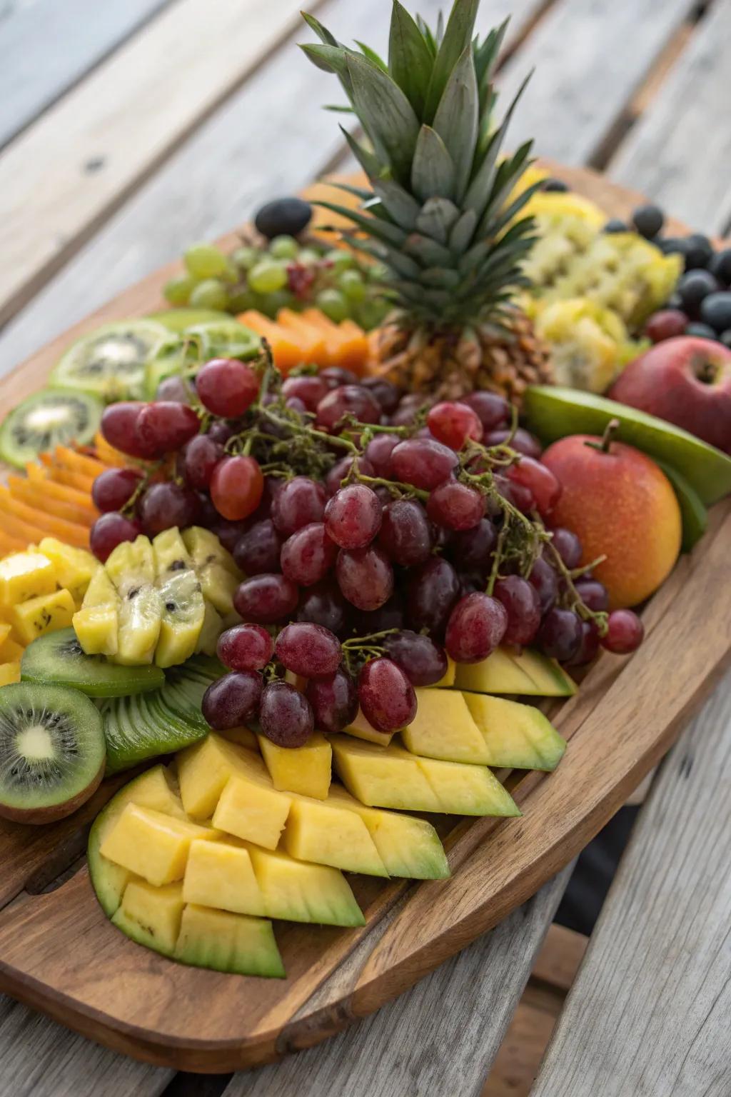 Grape clusters draped elegantly add a touch of luxury to the fruit spread.
