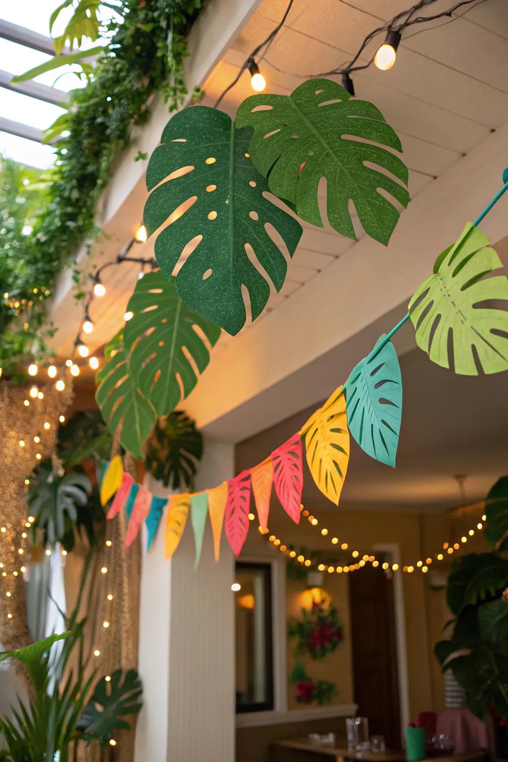 Playful decorations like leaf garlands and banners add charm to the party.