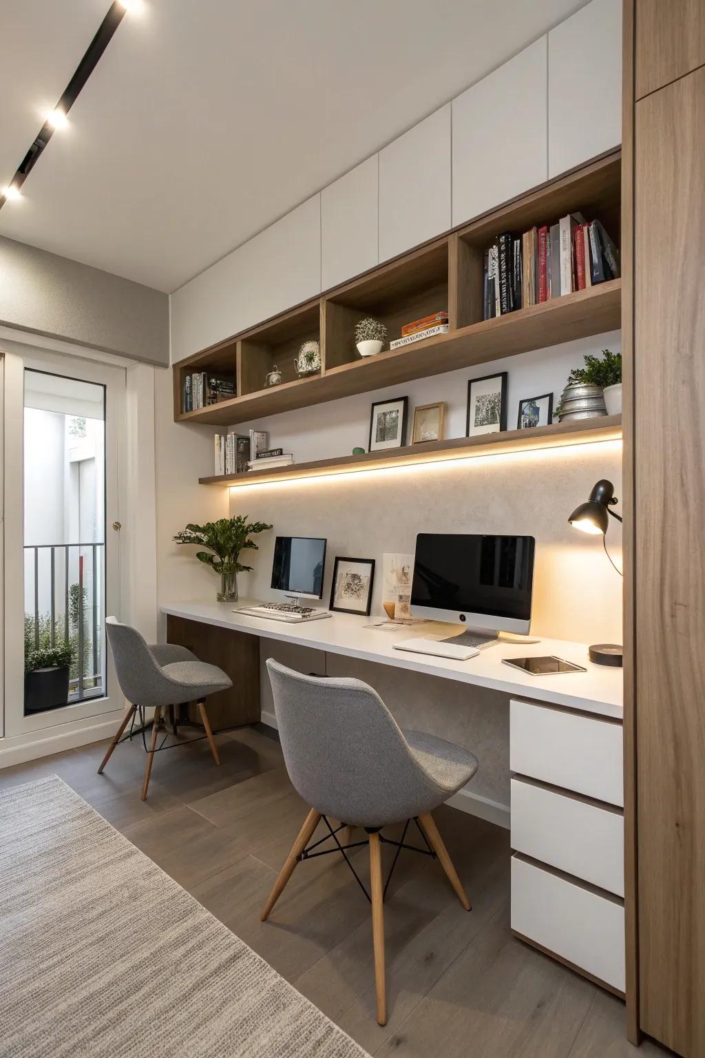 Built-in desks for a seamless and tidy workspace.