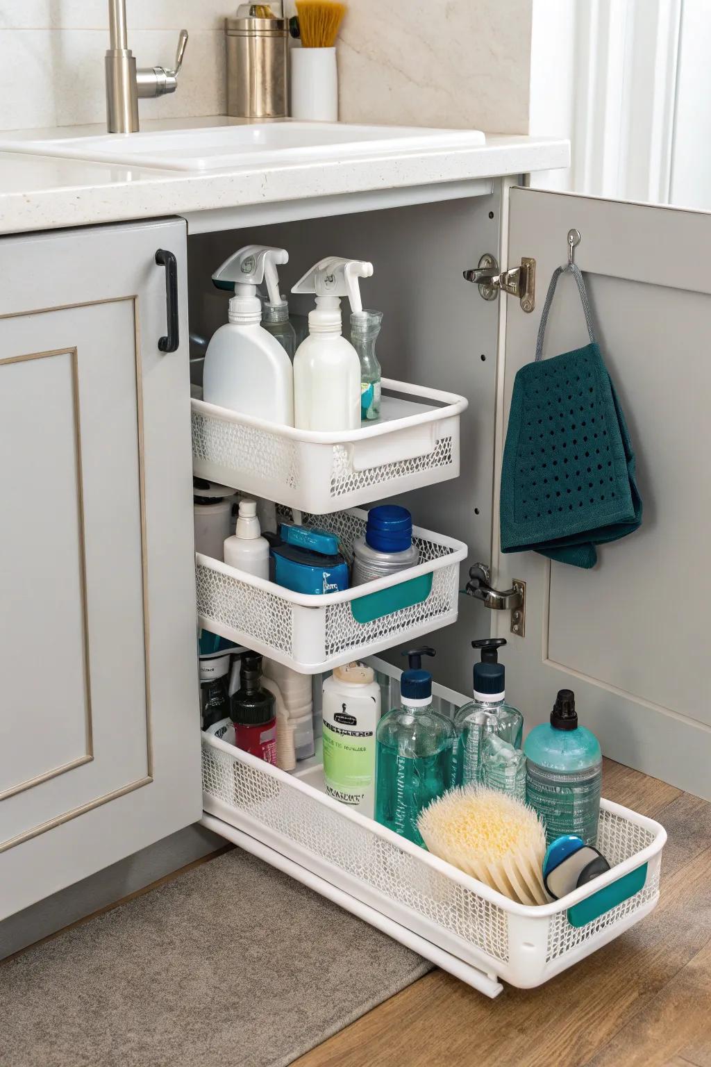 Tiered organizers help utilize vertical space effectively.
