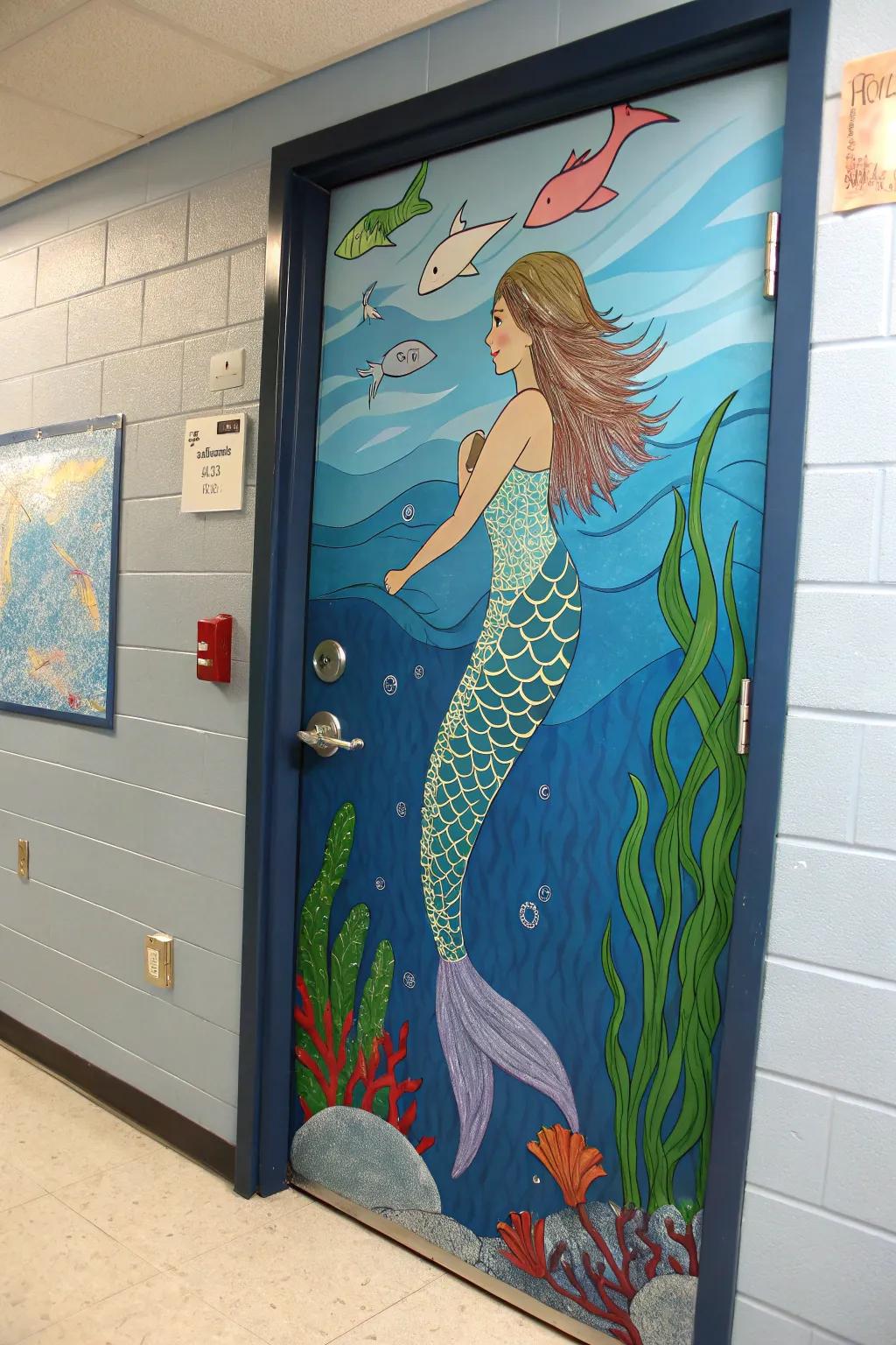 A mermaid's welcome adds enchantment to the classroom entrance.