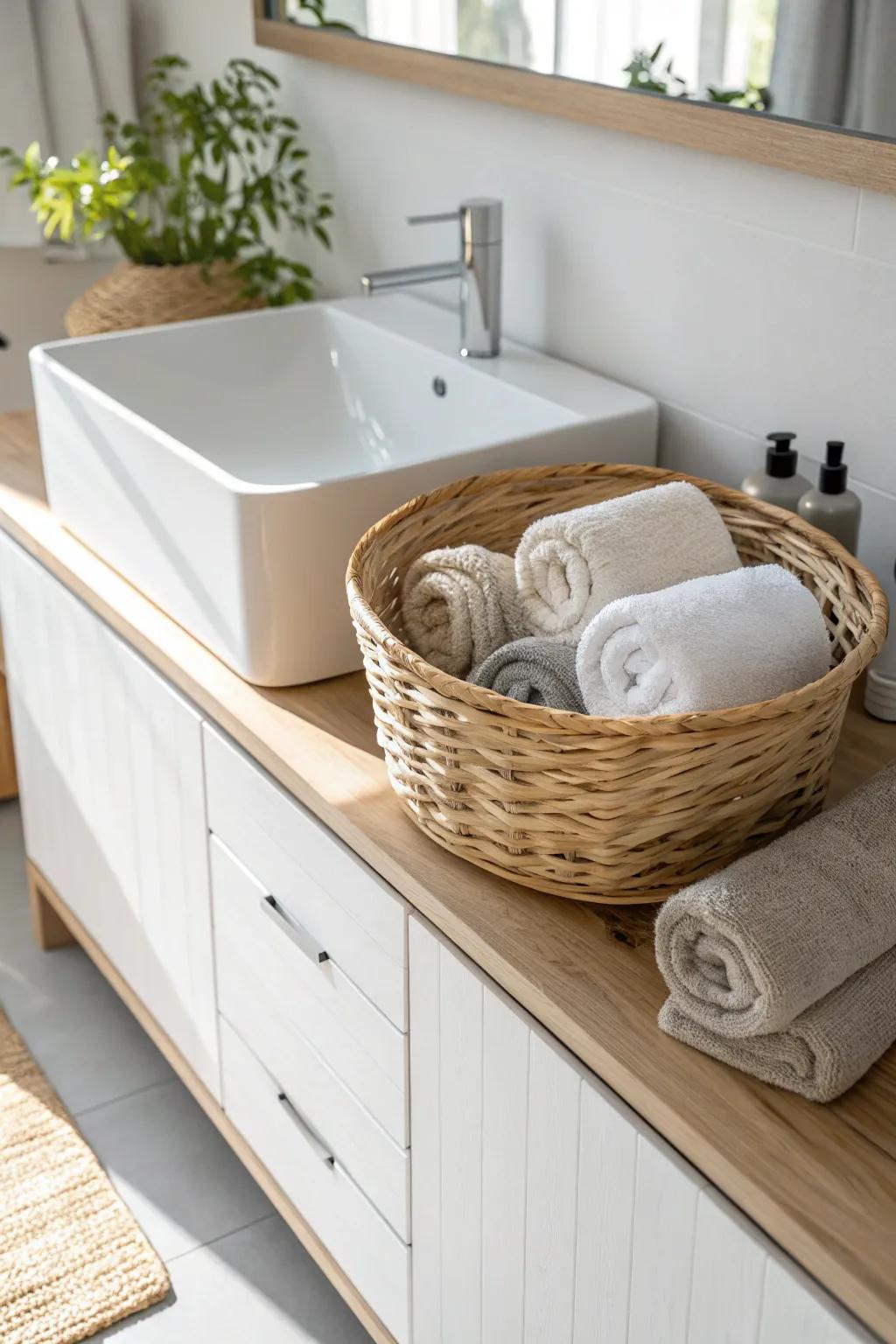Elevate your bathroom with charming and functional basket storage—perfect for those who love simplicity and style.