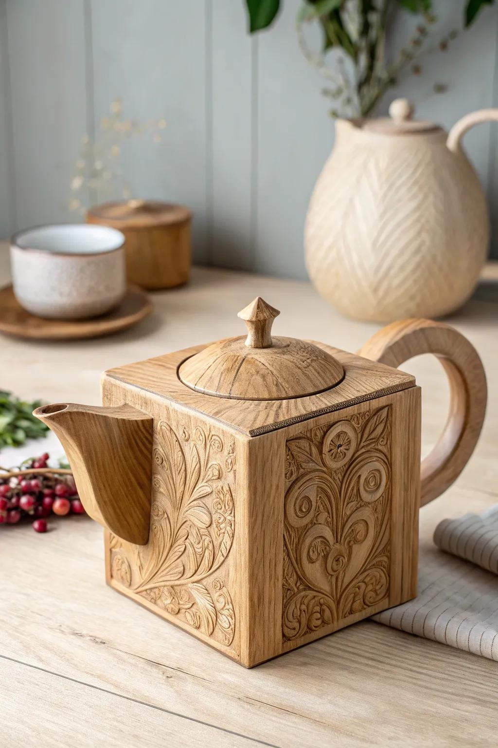 Store your tea in style with this charming teapot-shaped wooden box, where craftsmanship meets creativity.