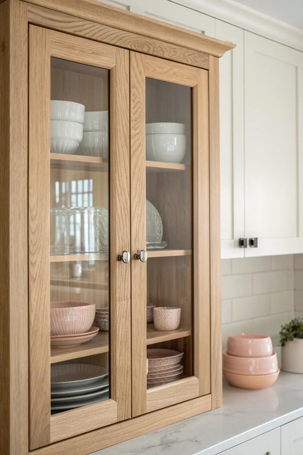 Embrace elegance in simplicity with glass-front cabinet doors, perfect for displaying your cherished dishware.