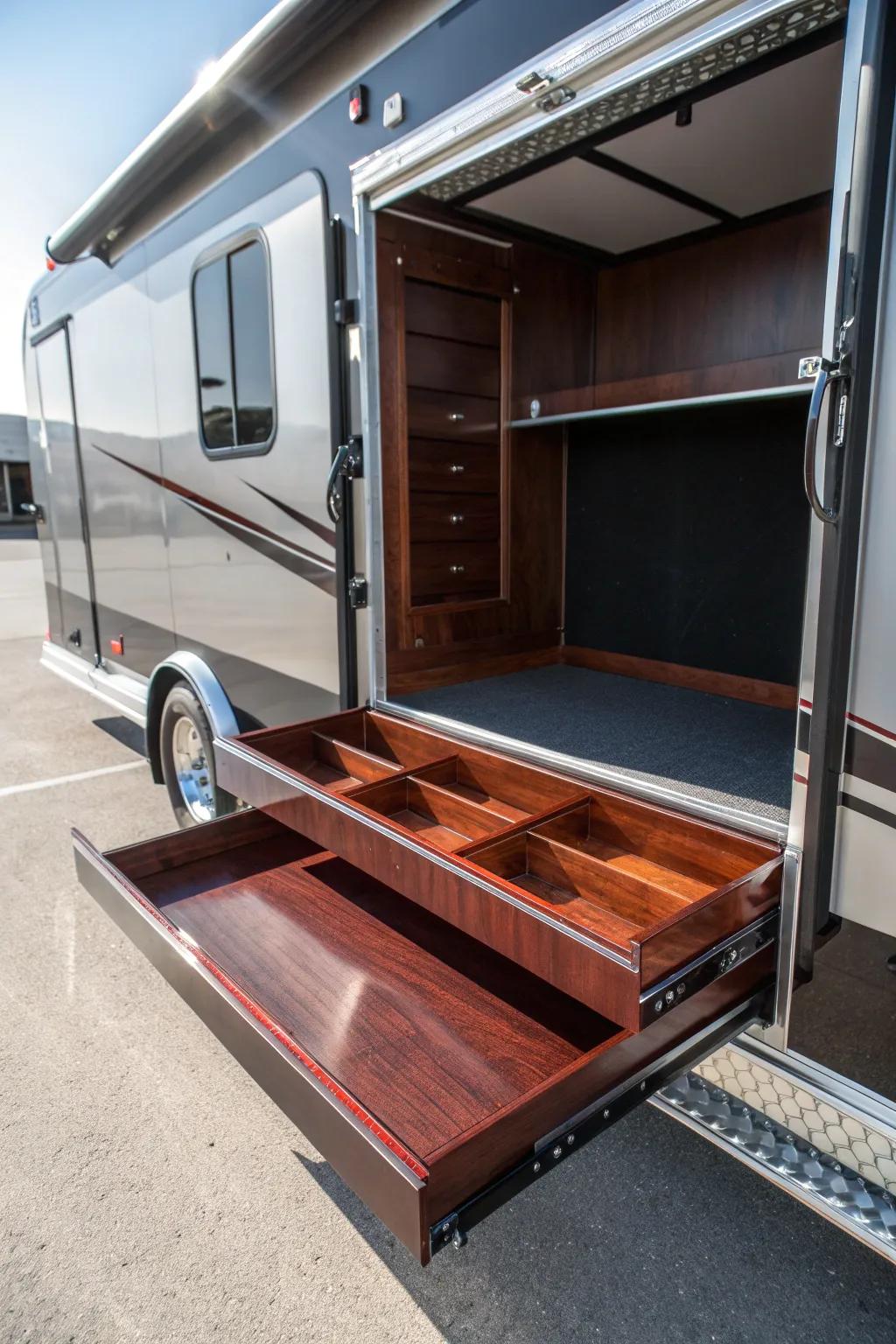 Effortless access with exquisite craftsmanship: Discover the beauty of slide-out shelves in your trailer.