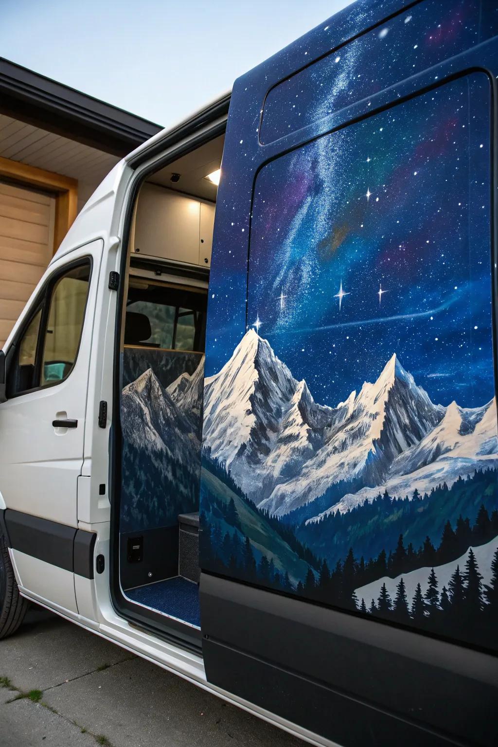 Elevate your van with a custom mountain mural that captures the spirit of adventure.